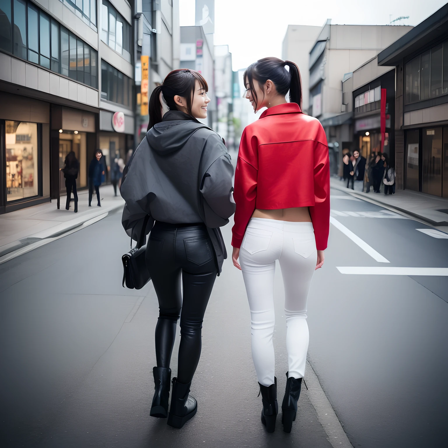 ((Japan beautiful girl))18year old、childish、poneyTail(Full body shot 1.5)、A dark-haired、8K、Super beautiful、masterpiece、a beauty girl、(((Turnaround 1.8)))、(smile1.3)、posterior view、Wear long black boots、Background in the city、Intersection in the background、Background building、real looking skin、Beautiful skins、A mischievous smile、Super beauty、childish、japanes、Turned、collateral、Constriction of the lower back、Tight buttocks、small ass、stick out buttocks、Turn your back to us、baby-face、Pants Style、White pants style、Put on a jacket over the top、