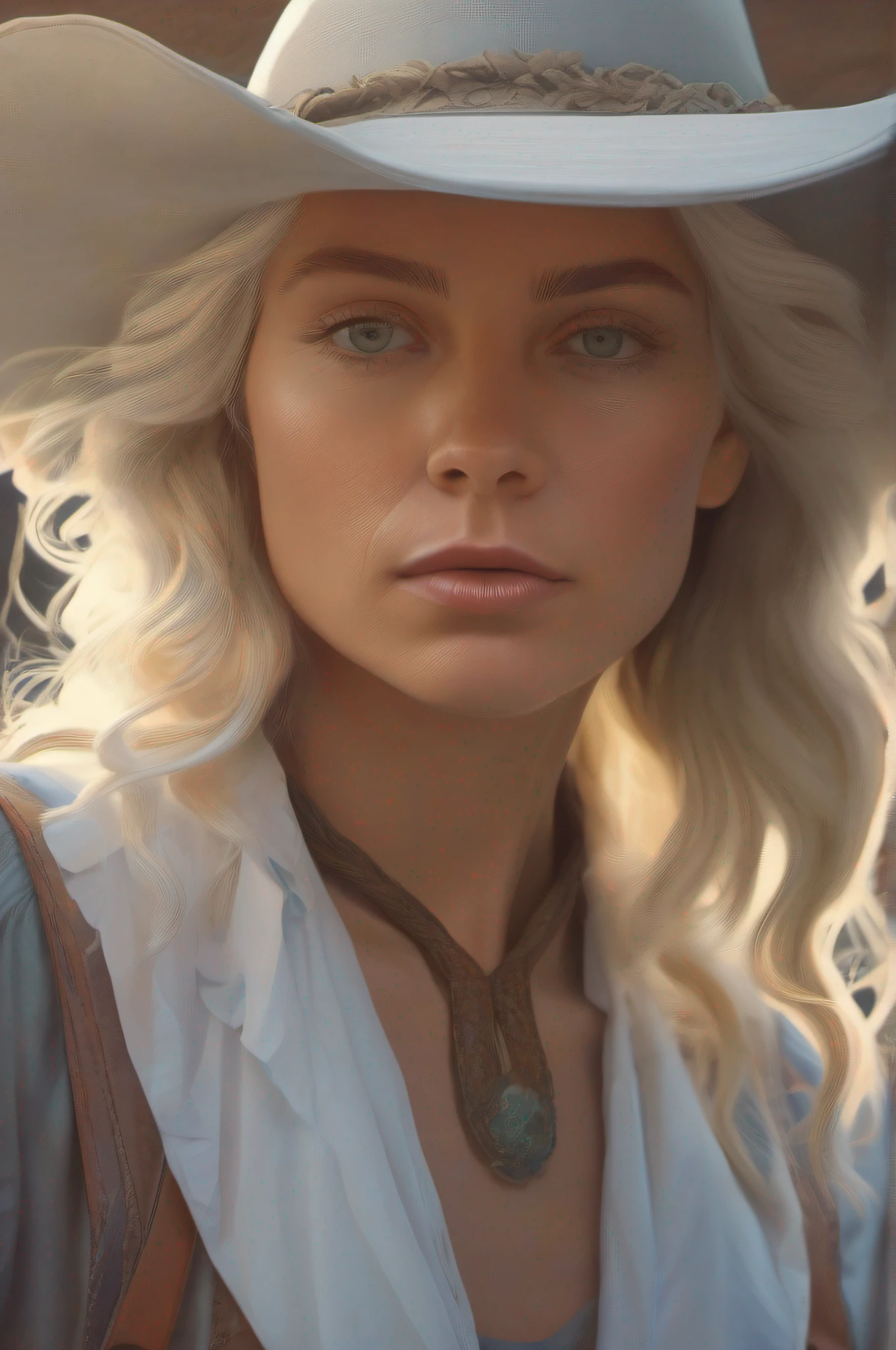 Hyperrealist portrait of female by david hockney and alphonse mucha,fantasy art, photo realistic, dynamic lighting, artstation, poster, volumetric lighting, very detailed faces, 4 k, award winning,, 1girl, in the dark, deep shadow, low key,cowboy shot,(official clothing:1.4) ,long hair,white hair,