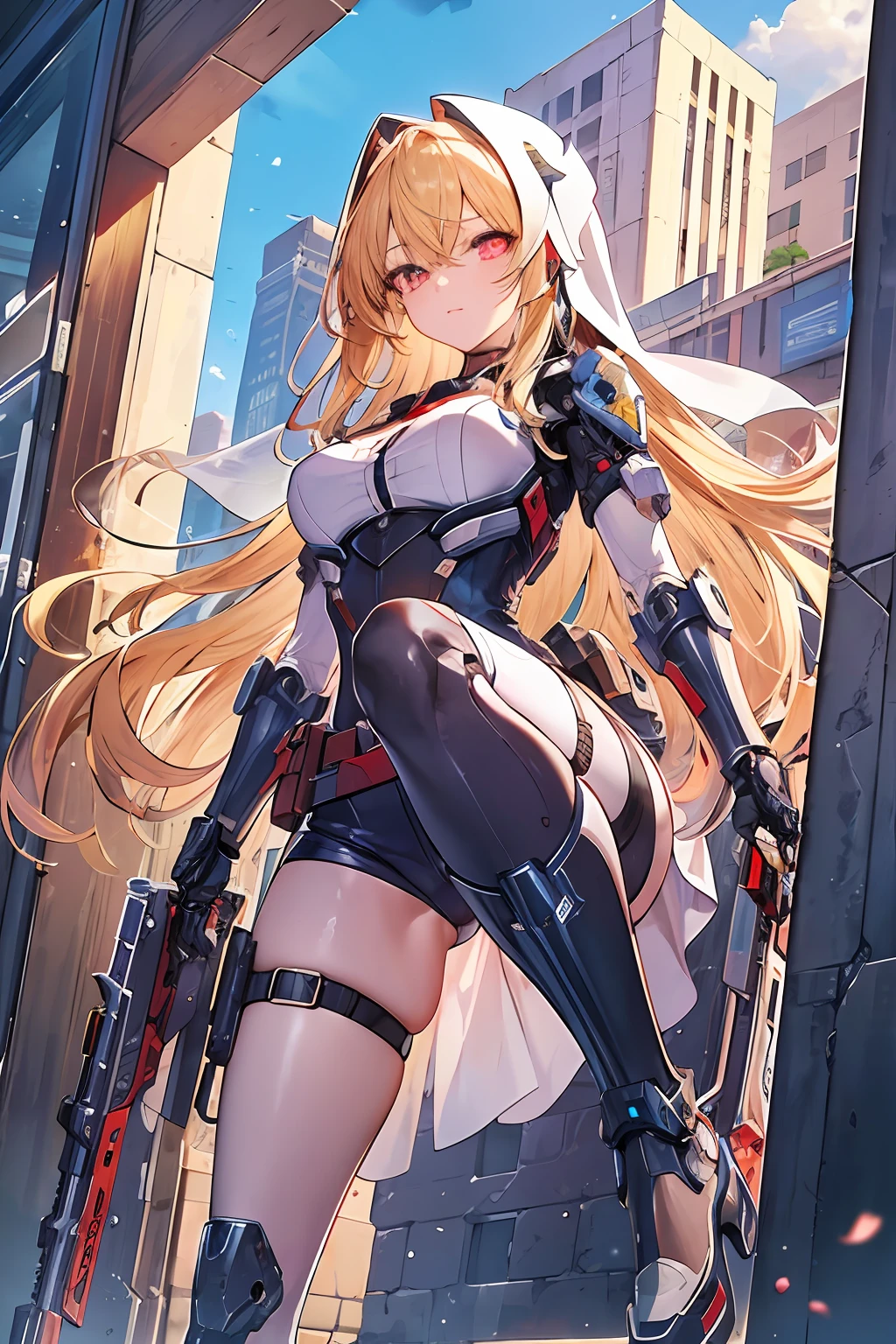 masterpiece,best quality,ultra-detailed,very detailed illustrations,extremely detailed,intricate details,highres,super complex details,extremely detailed 8k cg wallpaper,cowboy shot, caustics,reflection,ray tracing,demontheme,nebula,dark aura,cyber effect, (1girl:1.4),solo,alone,mecha musume,mechanical parts, robot joints,single mechanical arm, headgear, mechanical halo,star halo,intricate mechanical bodysuit, mecha corset, kimono, full armor, very long hair,white hair, hair between eyes, multicolored hair, colored inner hair, red eyes,glowing eye,eye trail, random expressions,random action, ancient japanese architecture,pond, starry sky,skyline,