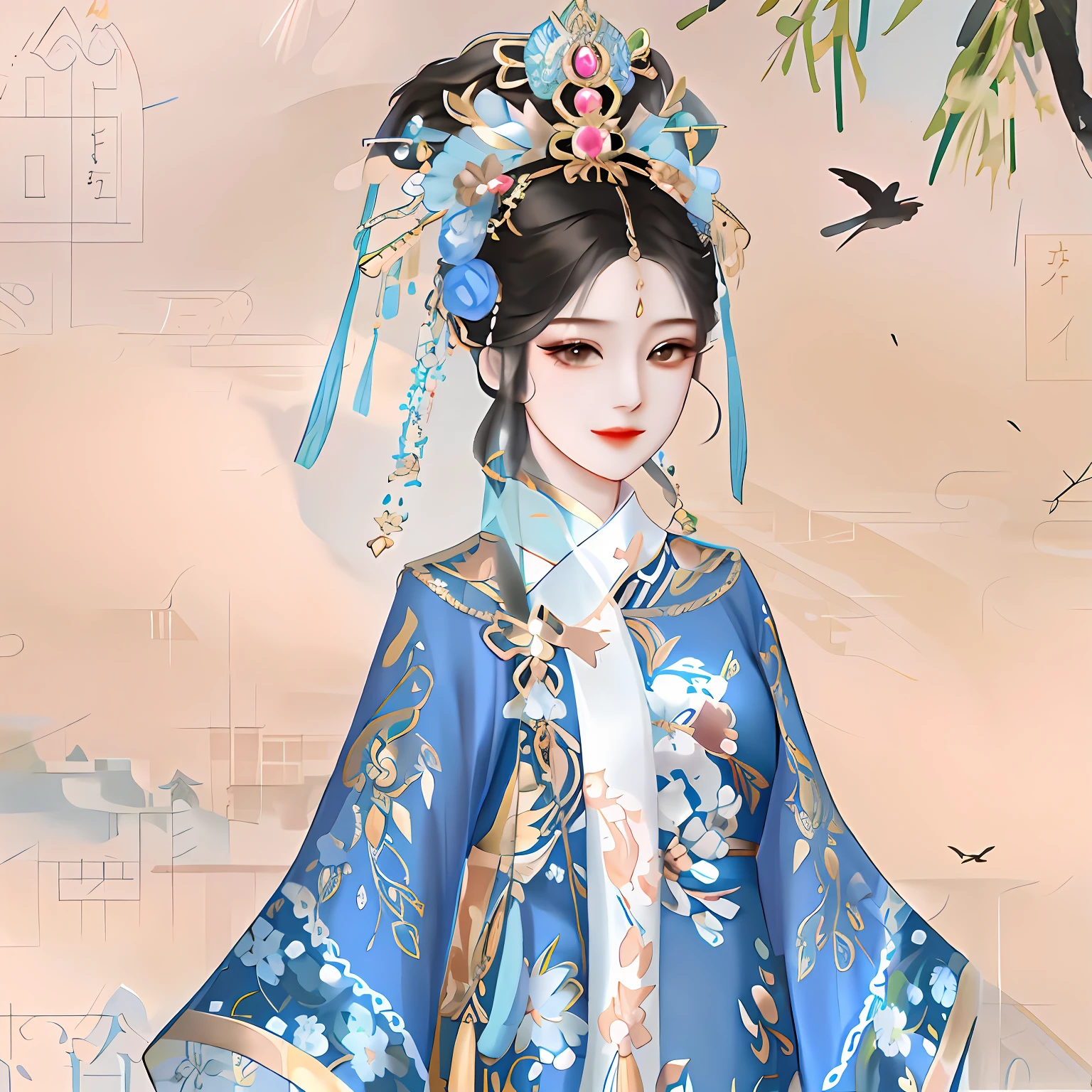 high detal， 超高分辨率， 8K分辨率，Works of masters，Best picture quality， depth of fields， cinematic photogtaphy， intricately details， carefully， meticuloso， glorious， max detail，There was a woman in a blue dress and a bird flying by, Palace ， A girl in Hanfu, a beautiful fantasy empress, Princesa chinesa antiga, ancient asian dynasty princess, Wearing ancient Chinese clothes, imperial royal elegant clothing, Hanfu, Chinese costume, , wearing ornate silk clothes, Inspired by Qiu Ying, with acient chinese clothes，oriental girl，18yr old