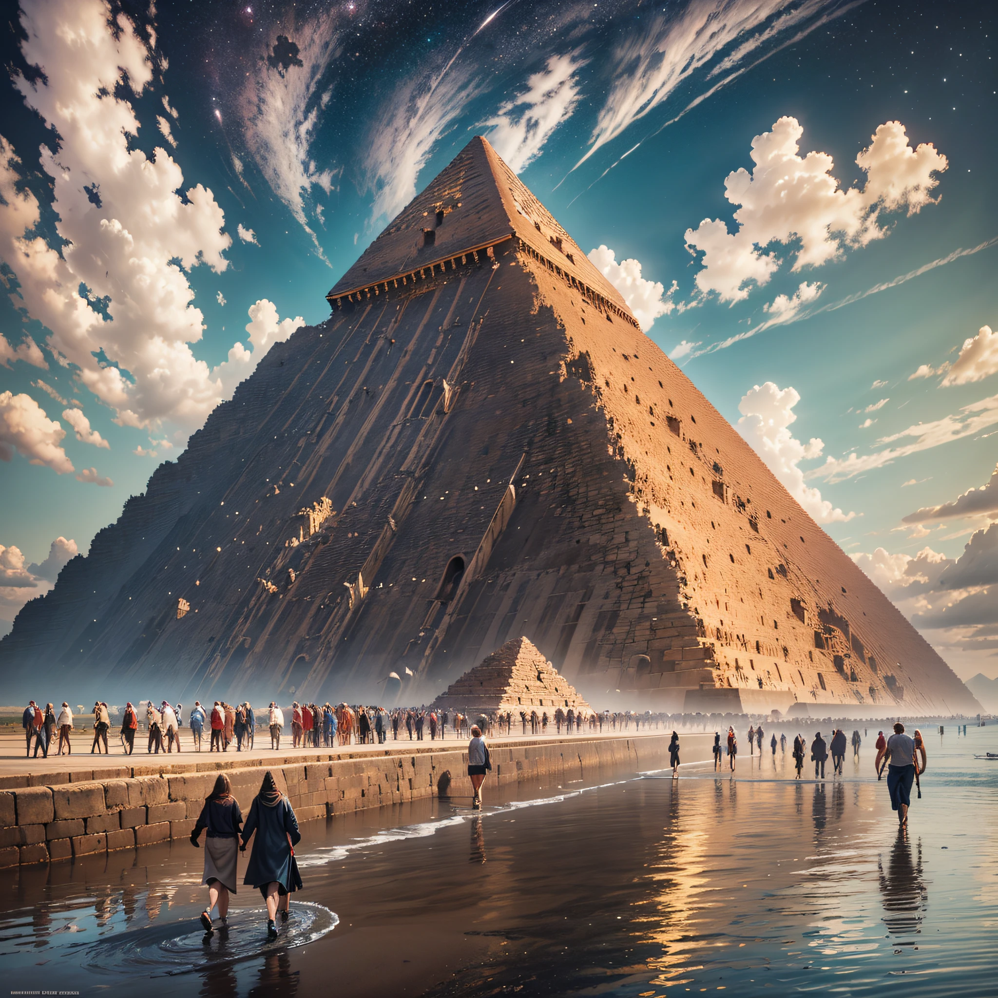 (Great Pyramid surrounded beautiful city, with lots of people strolling), landscape, water, (16k wallpaper of extremely detailed CG unit), most beautiful works of art in the world, majestic oil painting professional, intricate, high detail, sharp focus, dramatic and photorealistic painting art