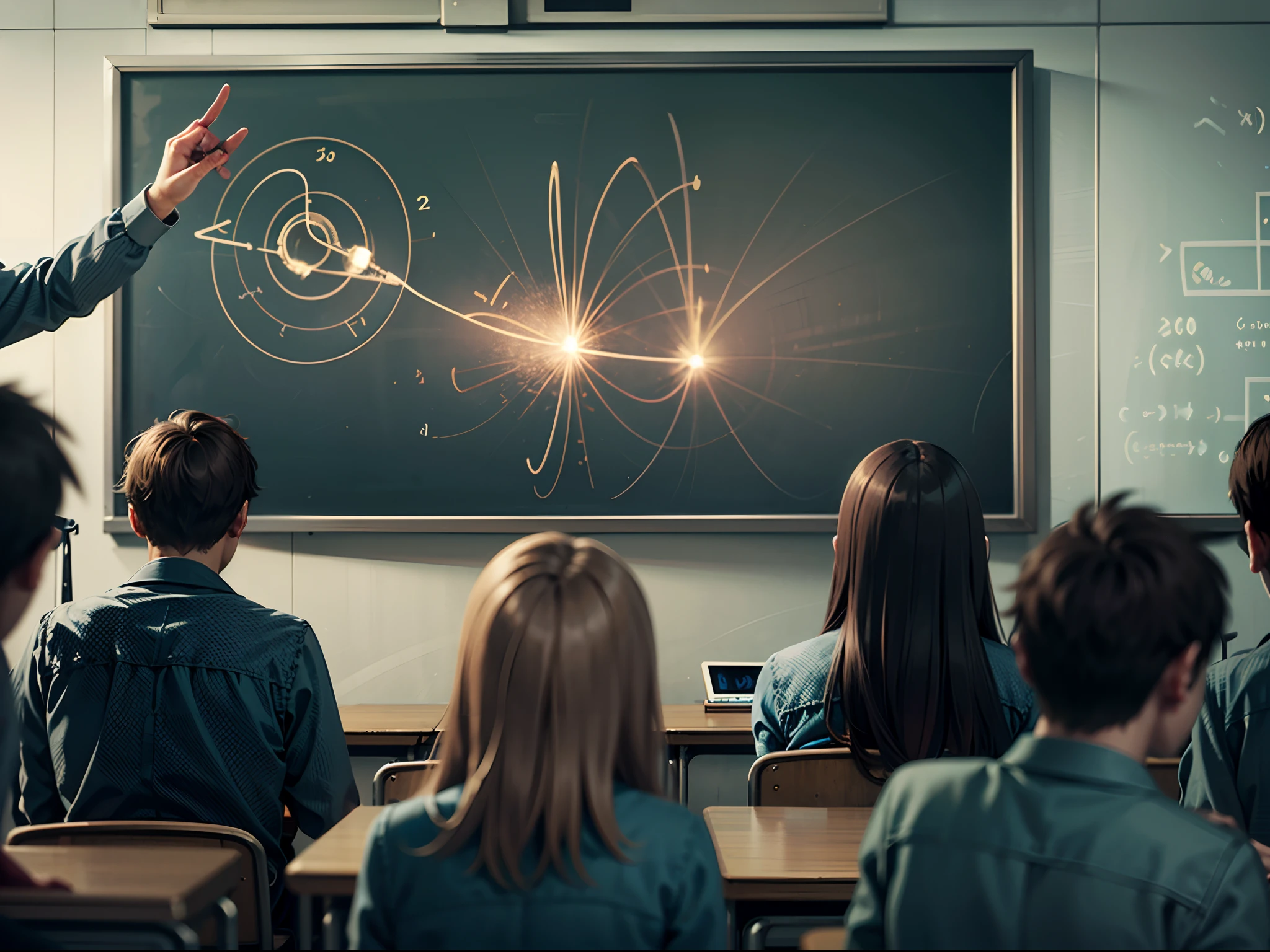 A male teacher is teaching physics to a group of middle school students in front of an interactive electronic screen. The classroom is spacious and bright, mid shot --auto --s2