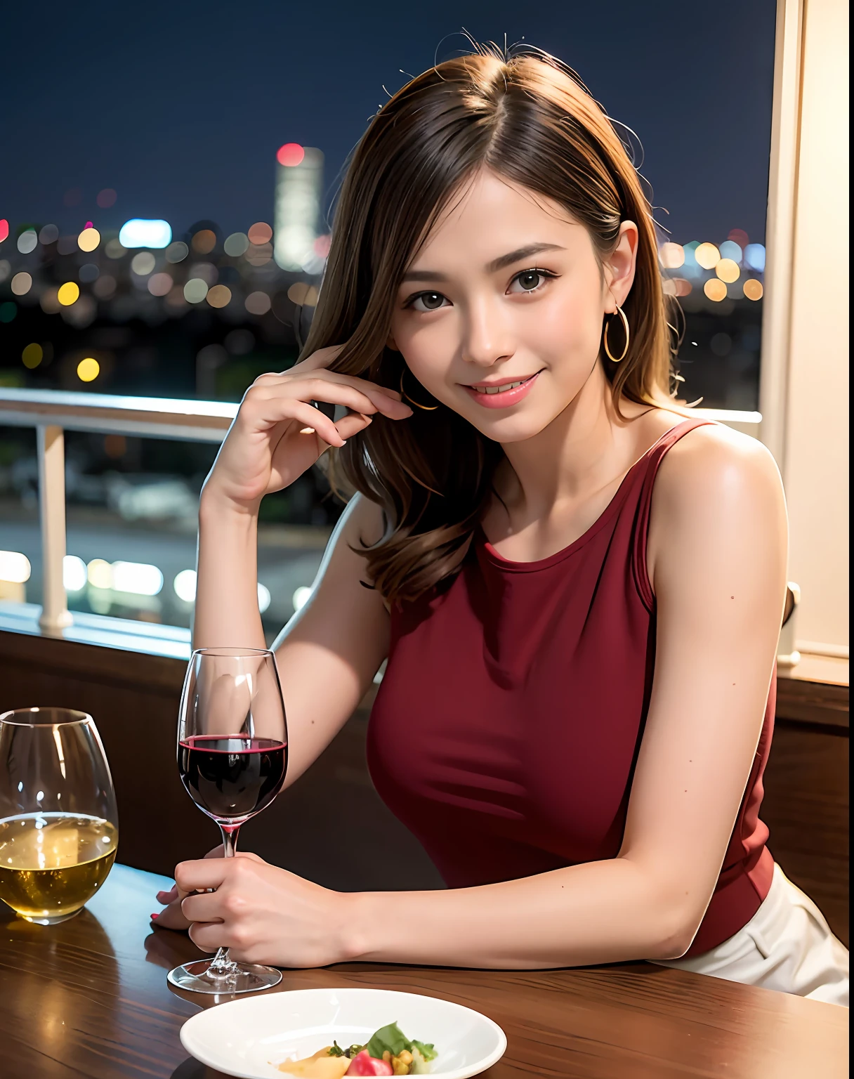 (64K, UHD, top quality, masterpiece: 1.2), (realistic, photorealistic: 1.37), super detailed, pretty woman 1 person, (slim face), (slim body), (brown hair), (short cut), cheeks slightly blushing, (44 years old), 38 years old, solo, beautiful detailed urban night view outside the window, restaurant, wine glasses sit, at night, in a prominent placeNovaFrogStyle, Actress, Model, Waist Up, White Wine, Slim, Wine Glass, Super Clean Night View, Wine Glass Put in the Middle, Happy Smile, (Smile: 1.15), Beautiful Fine Eyes, Upper Body, Bust Japan Up, Night, Short, Short, Actress, Model, Waist Up, White Wine, Slim, Wine Glass, Super Clean Night View, Wine Glass Put in the Middle, Happy Smile,