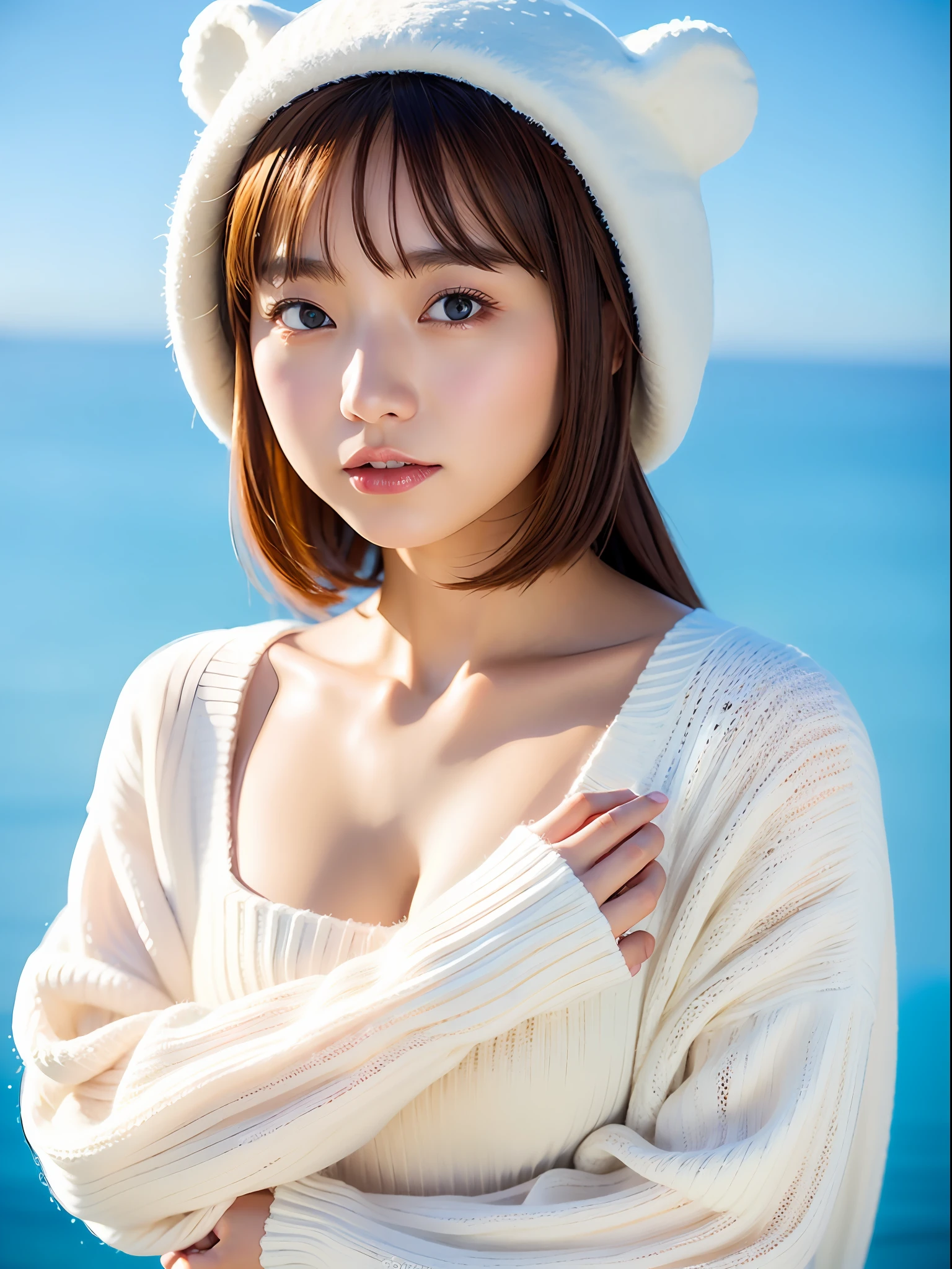 femele、(Spacious_Wearing a white sweater、White Bear Hat:1.3)、Good Hand、4K、hight resolution、​masterpiece、top-quality、headw:1.3、((Hasselblad photo))、Fine skin、Sharp Focus、(lighting like a movie)、Soft lighting、dynamic ungle、[:(详细的脸:1.2):0.2]、middlebreasts、((Iceberg background)))、
