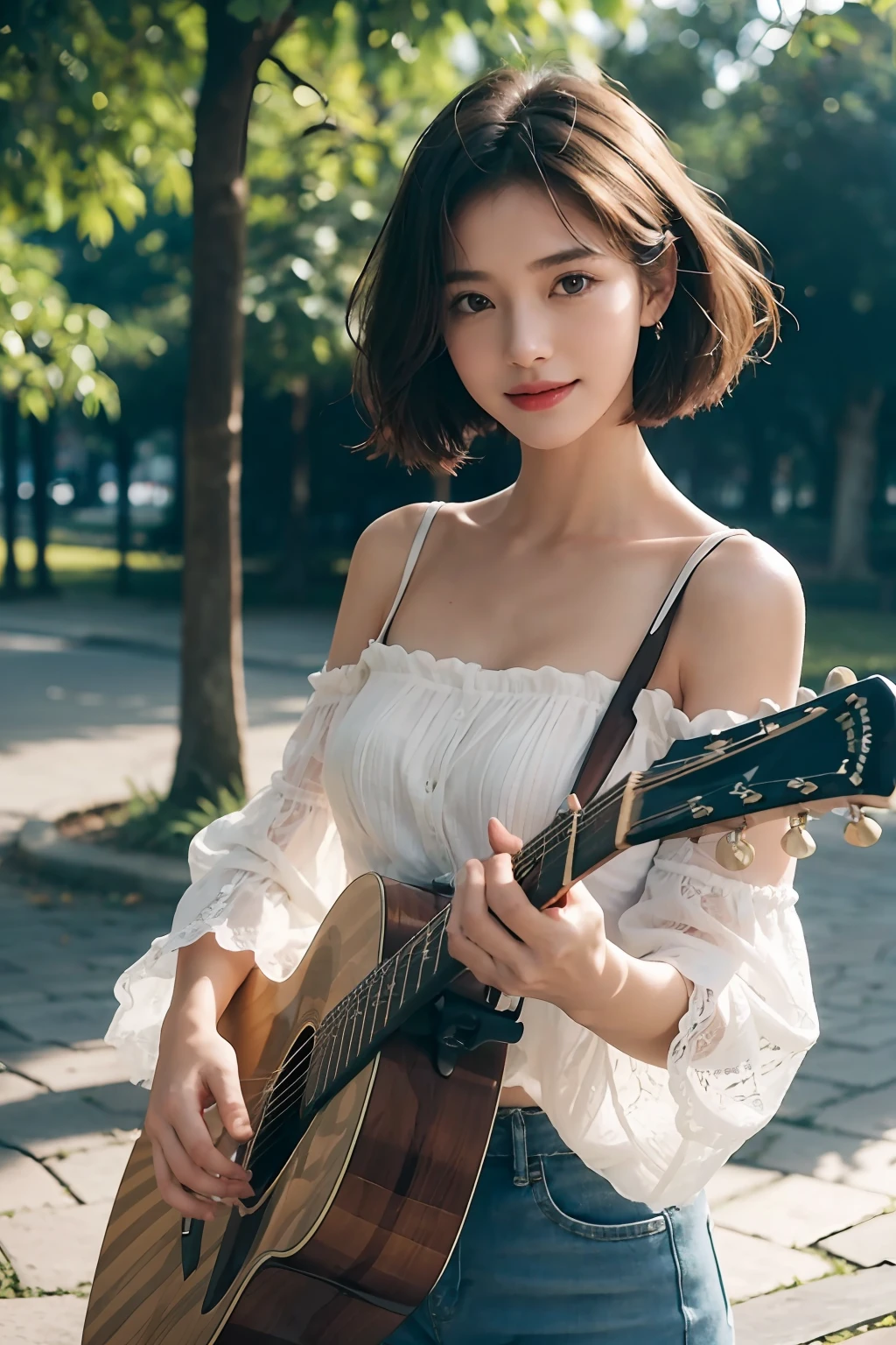 (Girl standing and playing guitar in park:1.3),White lace loose shirt emphasizing off-shoulder chest,tight skirts,Visible through the fabric.Solo Idol Girl,Happy smile,short hair with shiny light brown and pink stripes,,Perfect face,Proper body proportion,masutepiece,Super high-quality output images,hight resolution,Intricate details,Very delicate and beautiful hair,photos realistic,Dreamy,Professional Lighting,realistic shadow,Solo Focus,Beautiful hands,Beautiful fingers,Detailed finger features,detailed clothes features,Detailed hair features,detailed facial features,