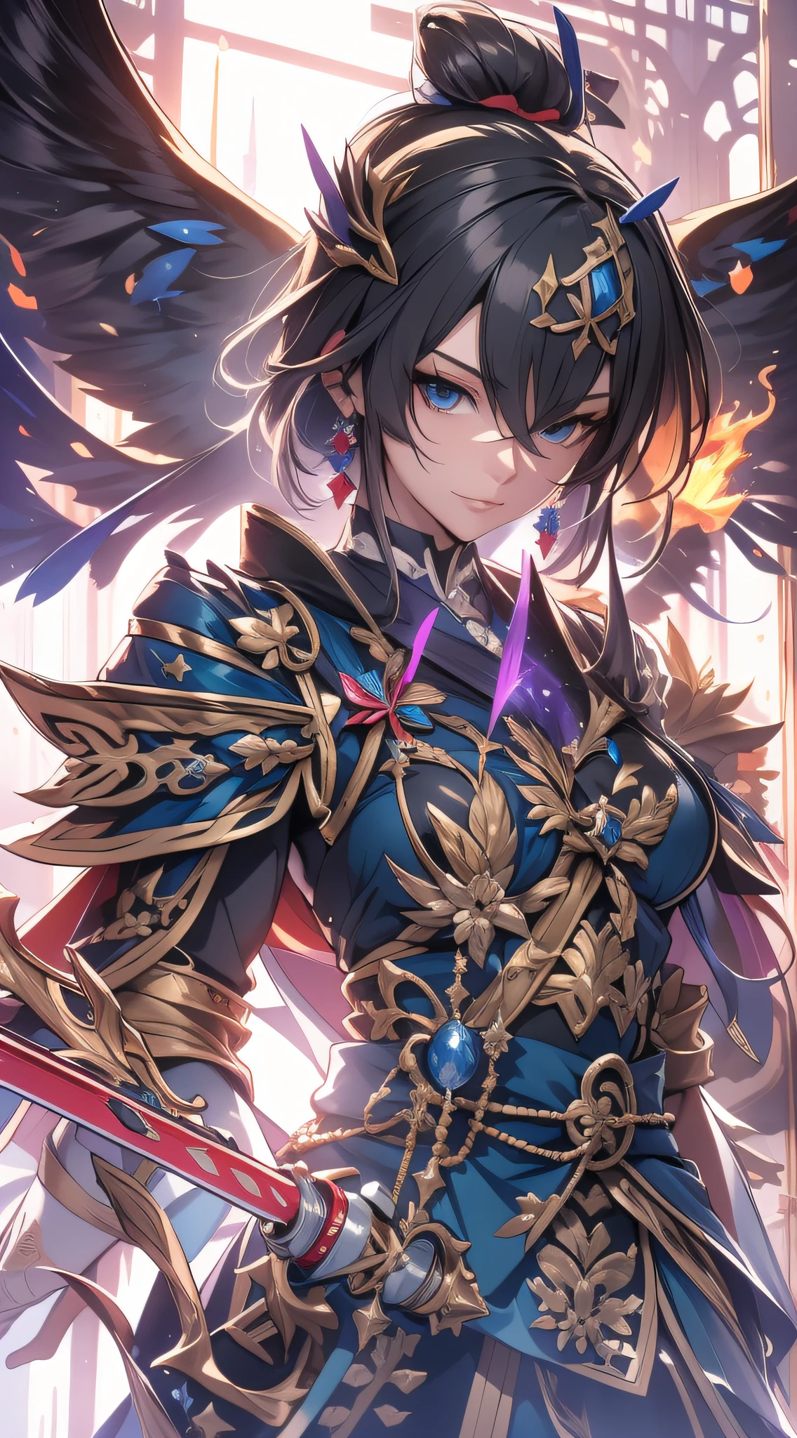 Anime figure,Dark villain,Beauty front face,Long hair flying,Spark ashes burn,The samurai held a sword, Wear contrasting armor, Magical Woman Skeleton Full Images,(standing full-body),((Faraway view)),(HD8K),Flying bolides,ultra-wide-angle,The background is gorgeous,the original god, demon anime girl, fantasy paladin man, Dragon Knight,Spread your black feathered wings,Move Genshin Impact, Anime 8 k, Anime fantasy illustration, Genshin Impact, Tough and cold character, Detailed key anime art, Ayaka Genshin impact, onmyoji portrait,Take a close-up of a random weapon, Comic book epic artwork, Epic fantasy digital art style,Epic fantasy art style, 8K high quality detailed art, Epic fantasy art style HD, Faraway view,A golden glowing magic array behind him,Purify the flame,HD anime visuals,full portrait of magical knight
