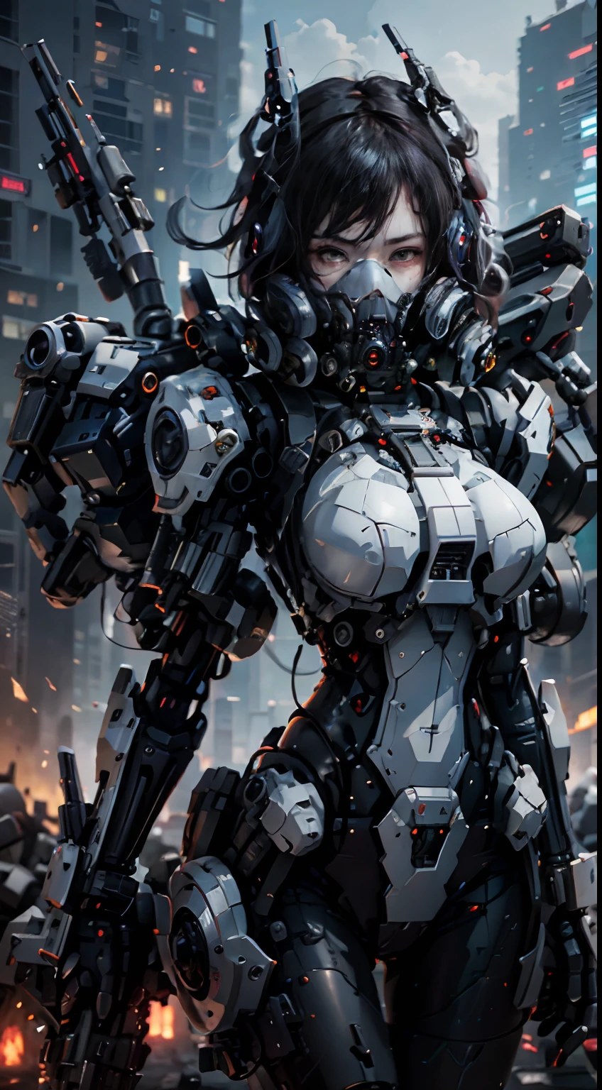 This is a CG Unity 8k wallpaper with ultra-detailed, high-resolution and top quality in cyberpunk style, dominated by black and red. In the picture, a beautiful girl with white messy short hair, a delicate face, wearing a steam mecha mask, standing on the ruins, behind her is a huge robot, and the action of a woman holding a heavy sniper rifle in her hand,