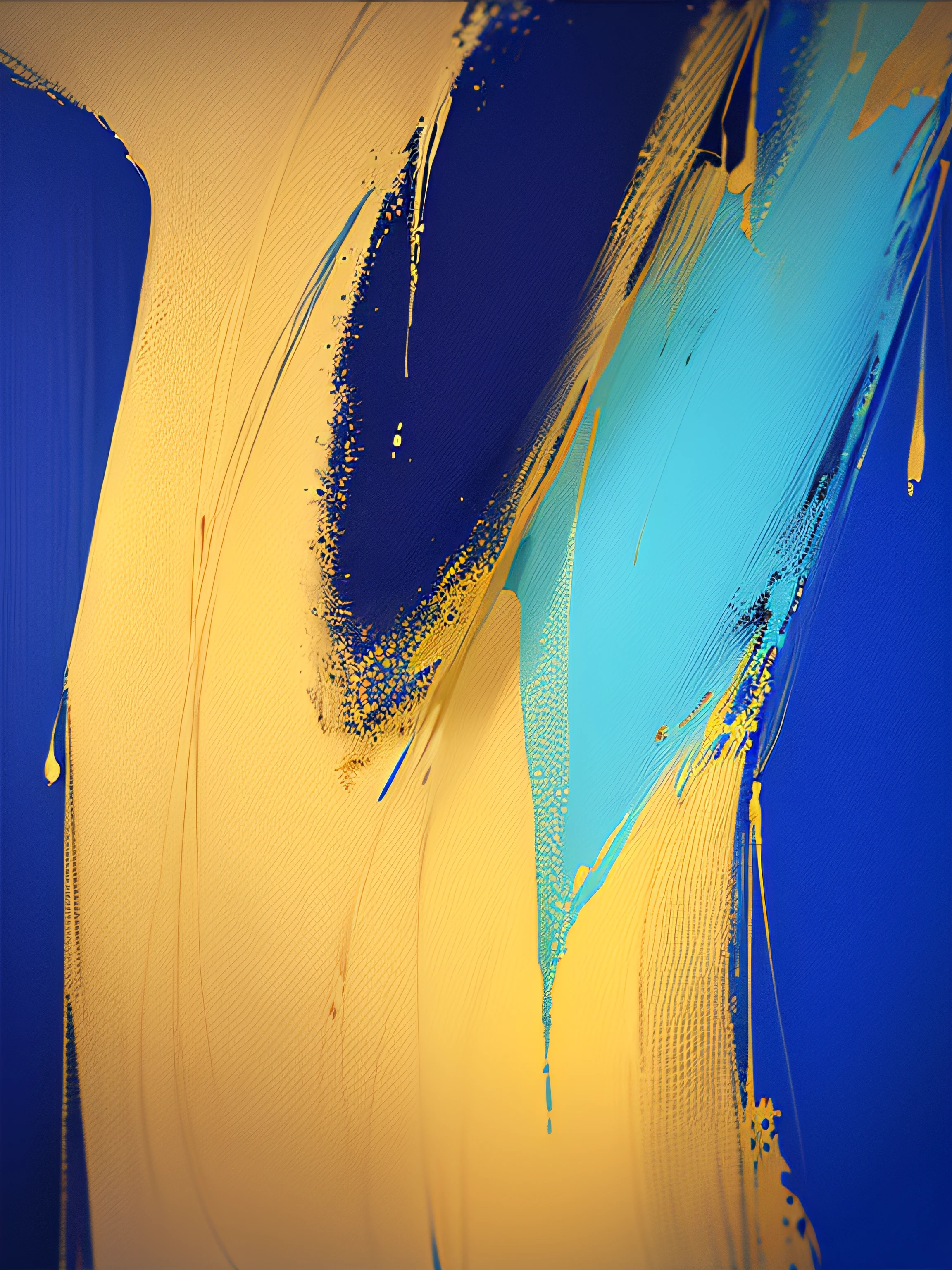 Painting of yellow artwork on blue background, digital mixed media painting, ultramarine blue and gold, Gold and indigo, colors with gold and dark blue, touch of gold leaf, Abstract drawing techniques, semiabstract, in style of digital painting, some yellow and blue, lyrical abstraction, expressive digital painting