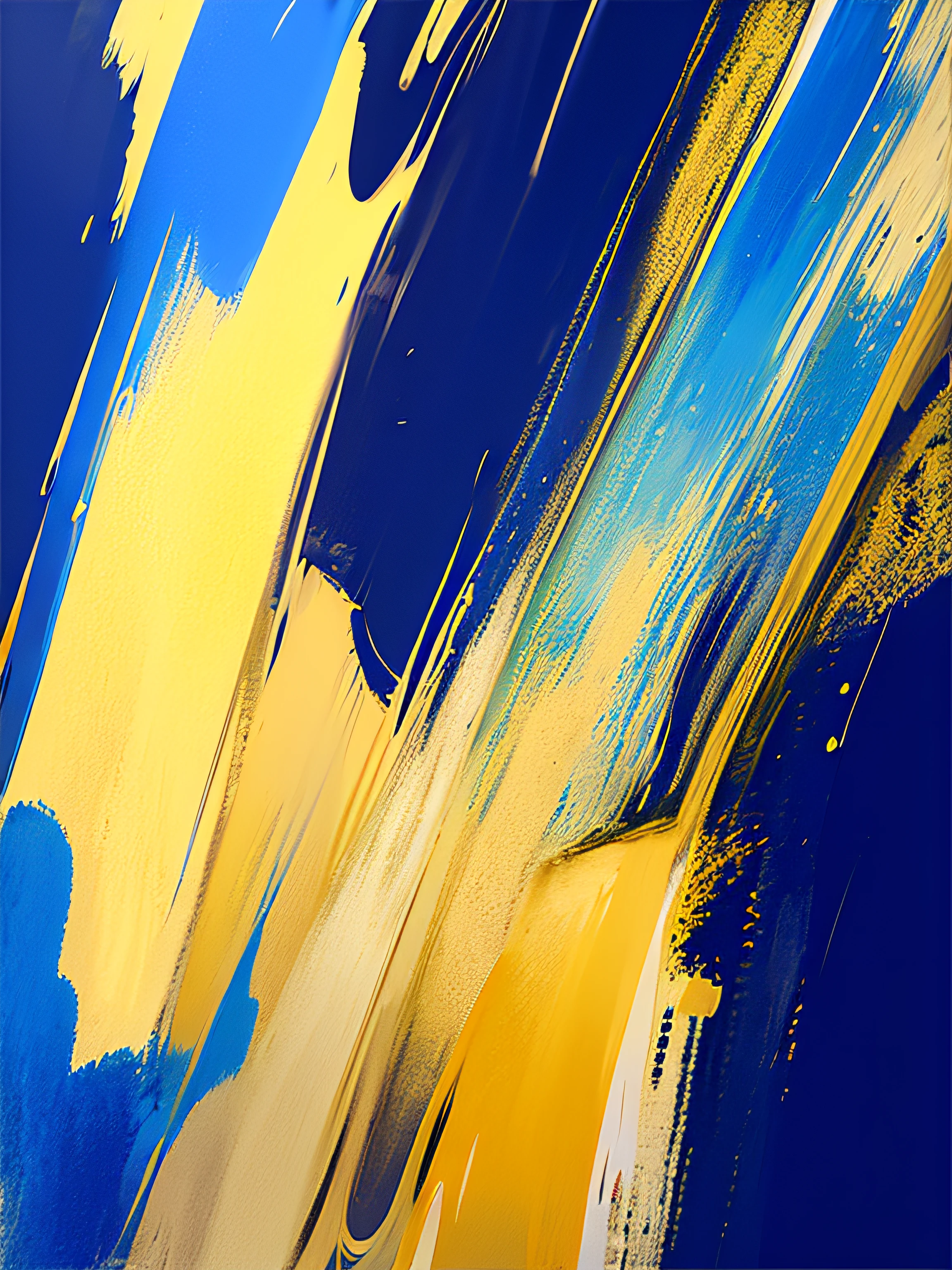 Painting of yellow artwork on blue background, digital mixed media painting, ultramarine blue and gold, Gold and indigo, colors with gold and dark blue, touch of gold leaf, Abstract drawing techniques, semiabstract, in style of digital painting, some yellow and blue, lyrical abstraction, expressive digital painting