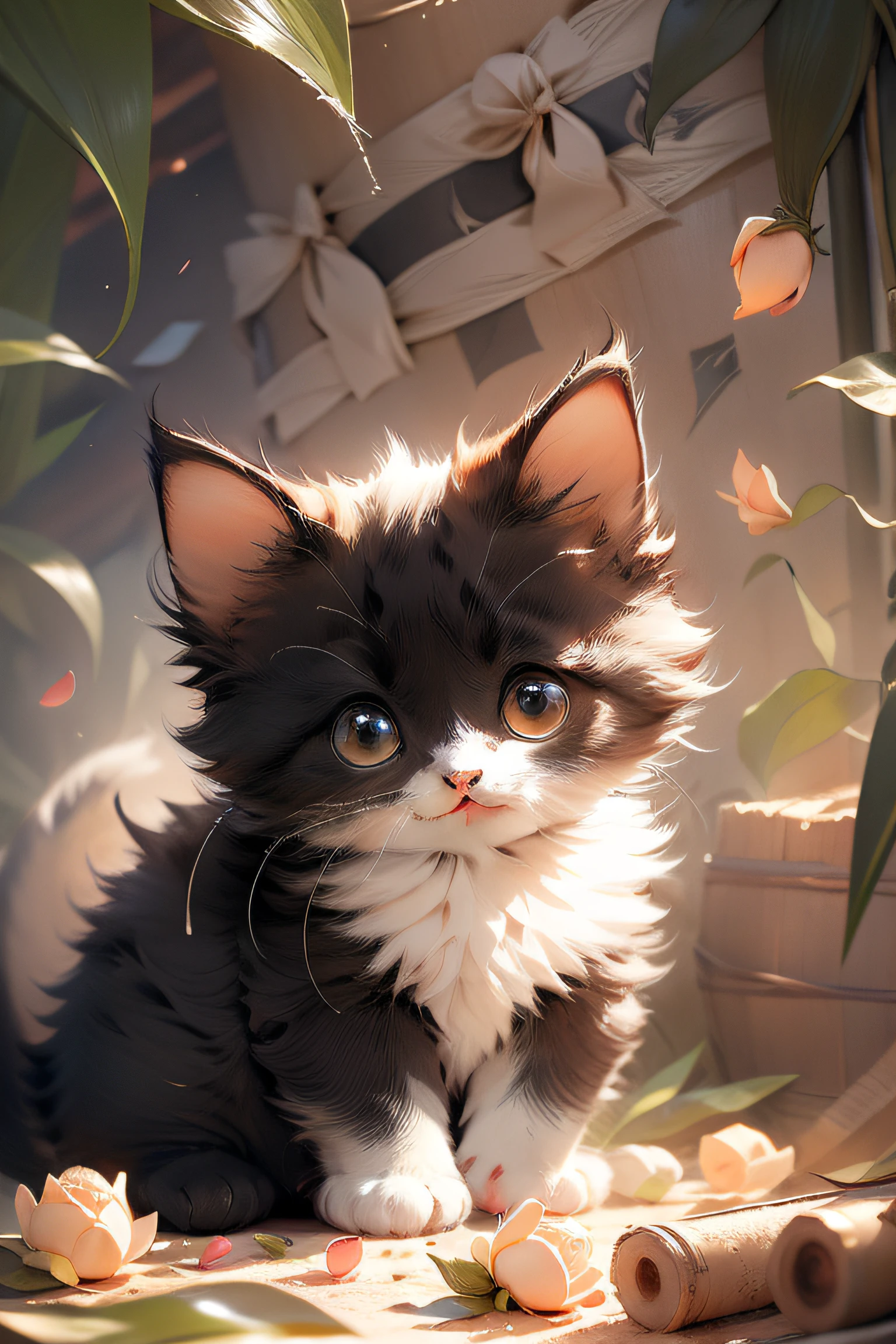 In this ultra-detailed CG art, the adorable black kitten surrounded by ethereal roses, best quality, high resolution, intricate details, fantasy, cute animals