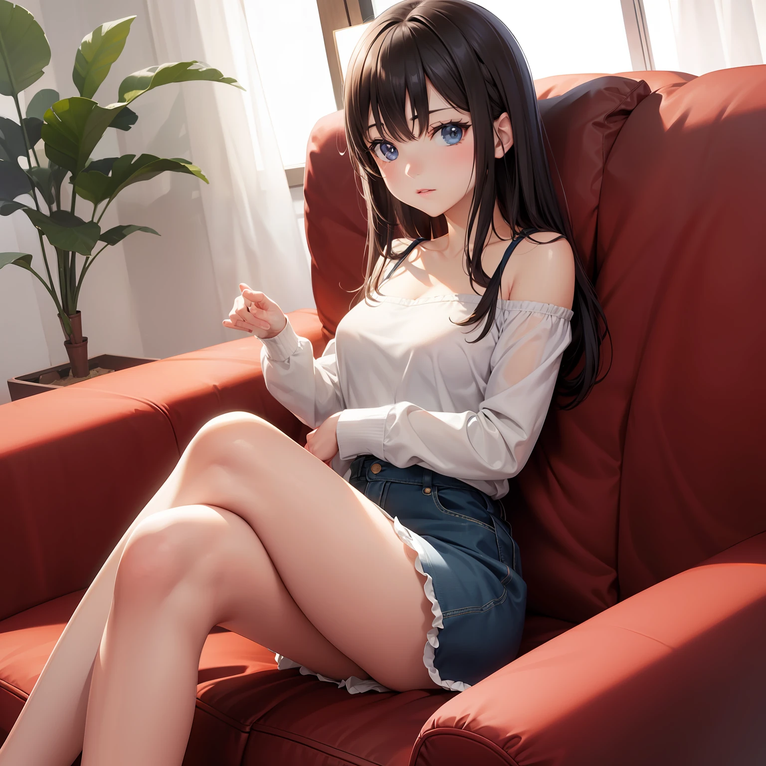 Leaning on the couch、Raise your legs, An ultra-high picture quality, Super Detail, 超A high resolution, Anime, Manga, Illustration, Super cute beauty