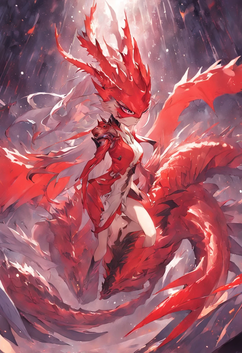 (best quality,4k,8k,highres,masterpiece:1.2), ultra-detailed, realistic, naked sexy dragon woman with red and white glittering scales, long fiery red hair with white highlights, very playful but mischievous smile, naked, nude, detailed crotch, detailed vulva, detailed pussy, sexy pose, spread legs, spread pussy lips, playful, bi-coloured eyes, heterochromia, lustful