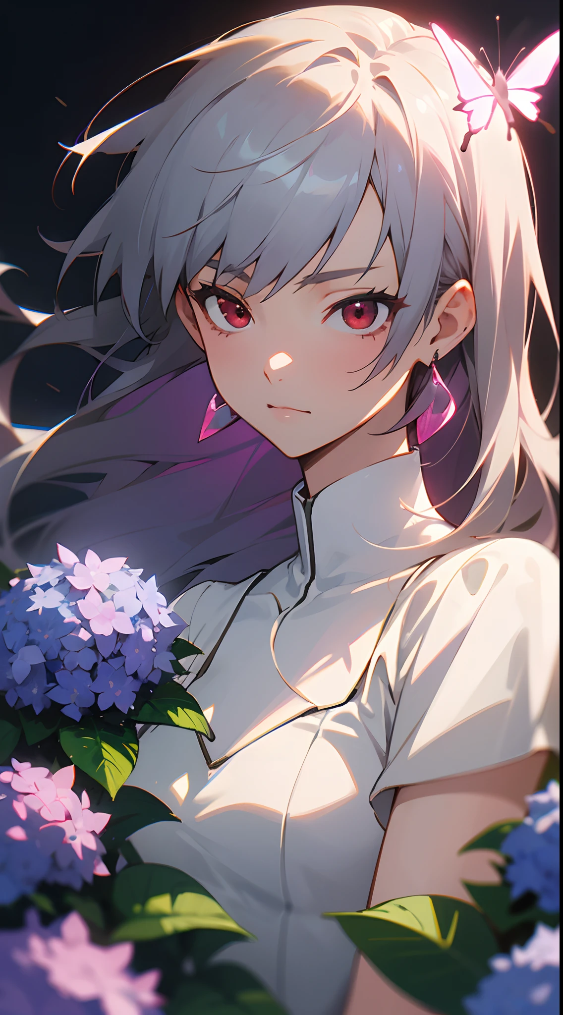 blue pink Hydrangeas, makoto shinkai style, middle forest, dark sky, girl close up front, silver hair, long hair, red eyes, colorful butterfly on shoulder, white dress, earrings