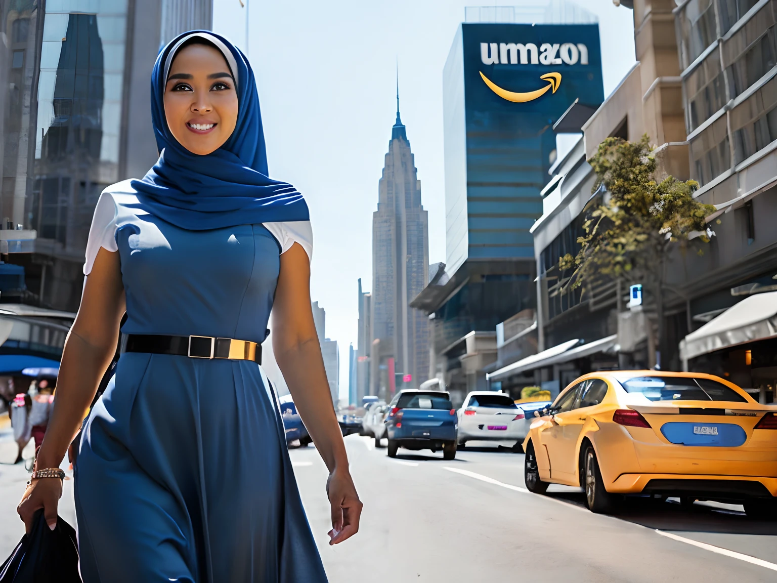 a malay woman in a blue dress and hijab is walking down the street, comic pinup style, delivering packages for amazon, escape from new york, military girl, soaring above a dense city, workers revolution, poster, surveillance, print, ( waitress ) girl, young redhead girl in motion, peolple run on the street,(8k, RAW photo, best quality, masterpiece:1.2), ulra high res, photorealistic:1.4),Cinematic Light,(soft volumetric lighting:1.2), (realistic, photo-realistic:1.37), detailed skin,professional lighting,Photography, Sharp focus, detailed ,professional lighting, photon mapping, detailed and intricate environment,highly detailed,best quality,8k artistic photography, photorealistic concept art, soft natural volumetric cinematic perfect light,MIDJOURNEY,3DMDT