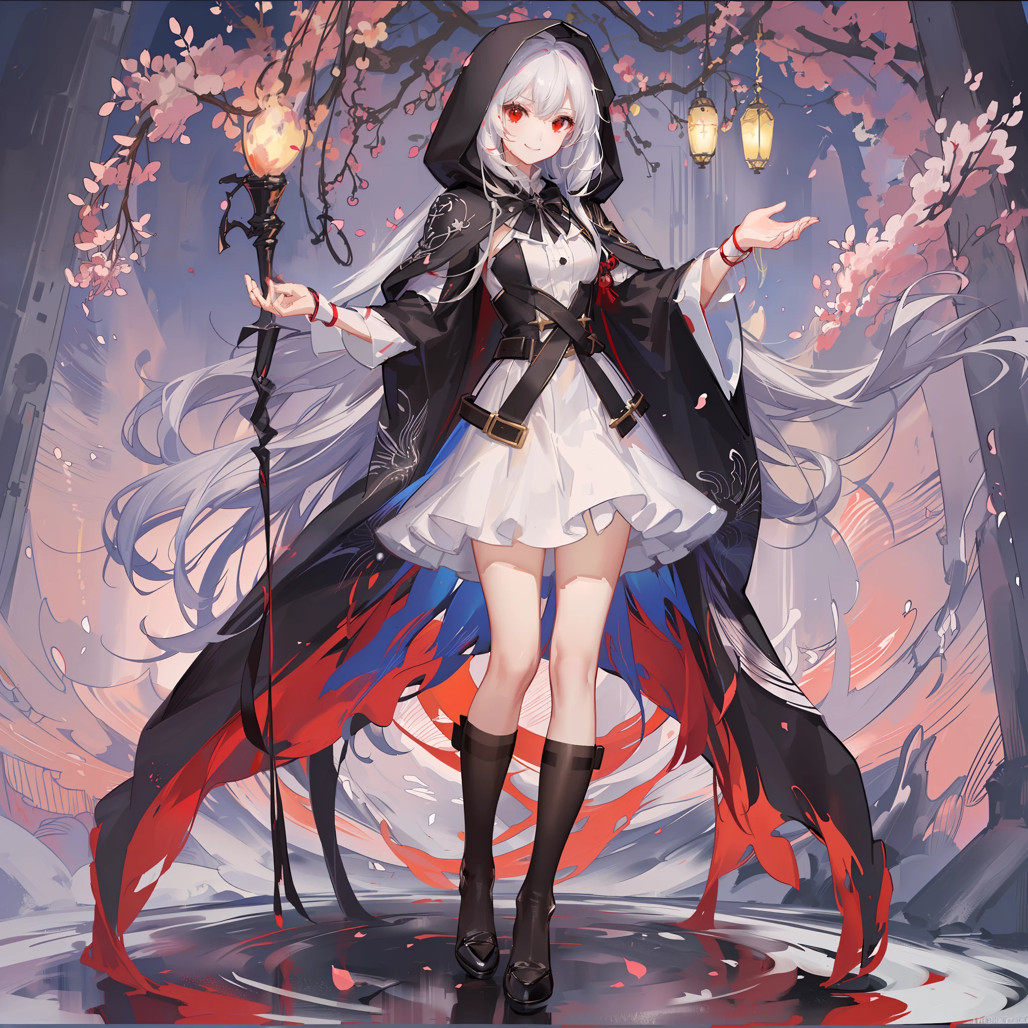 Maiden, white stockings, playful smile, round red thread striped road black robe, hood, cape, red eyes, long white hair, standing posture, full body, mage, holy girl
