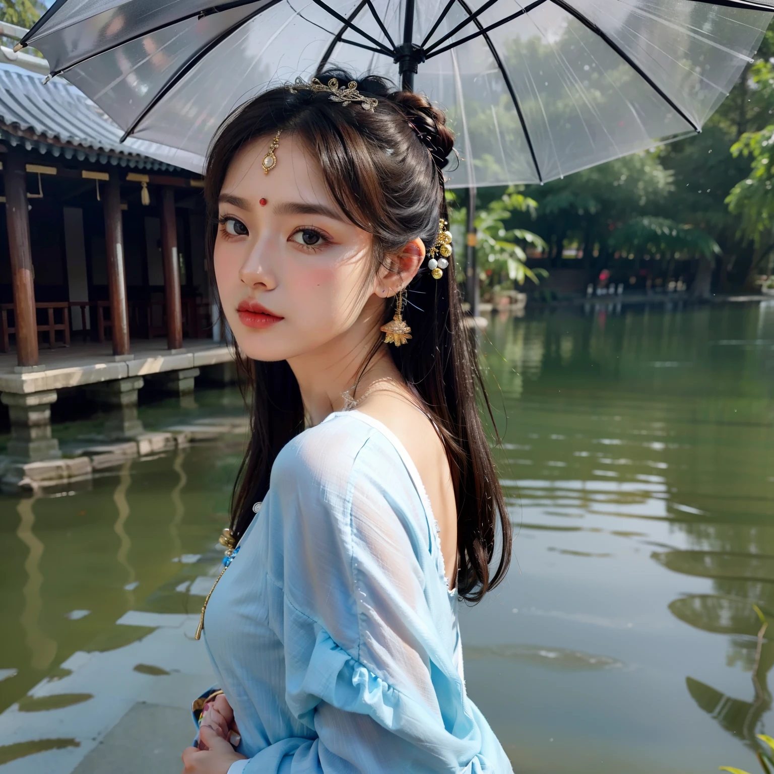 Wearing hairpins, hair tied up, ornaments on the forehead