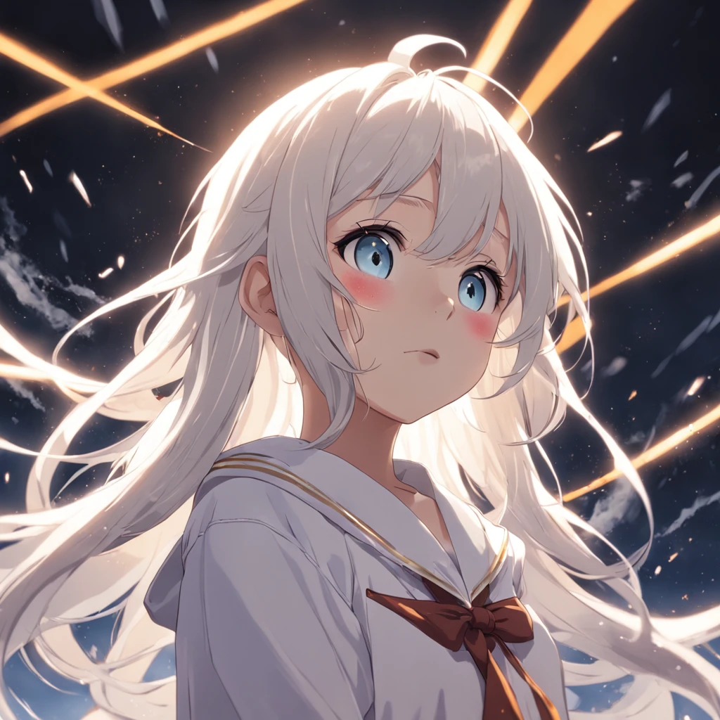 Female, high school student Positive image Light color to light skin tone,White hair,Flushing on the face,The upper body is exposed,casually dressed