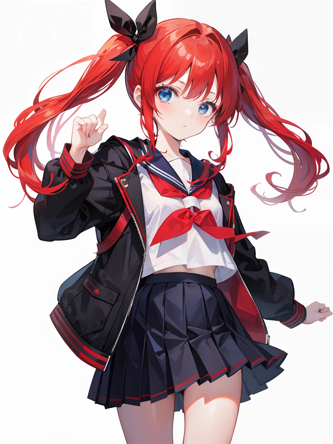red hair, blue eyes, twintails, Sailor suit,black coat, Pleated skirt,solo,loli,cute,bow