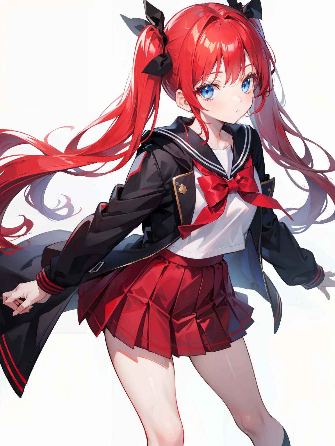red hair, blue eyes, twintails, Sailor suit,black coat, Dragon horns,Pleated skirt,solo,loli,cute,bow