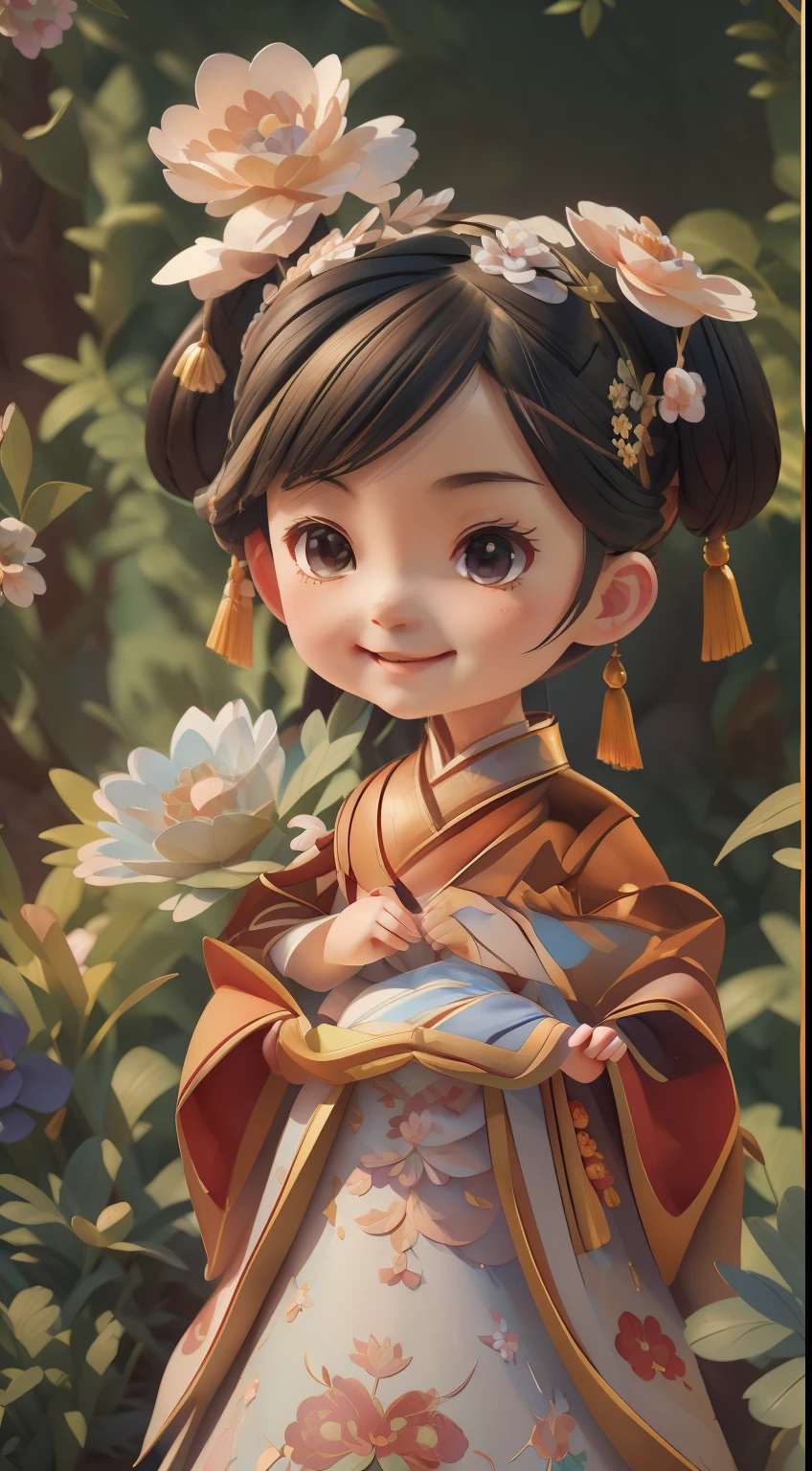 A Chinese woman who looks feminine and pampered，Movie Angle,( cute female child,Anatomically correct,full bodyesbian,Masterpiece camellia,Representative work Hanfu,Smile),(illustration,paper art,a 3D render),(Extremely colorful, Best quality, high detal, Masterpiece, Cinematic lighting, 4K, Chiaroscuro)