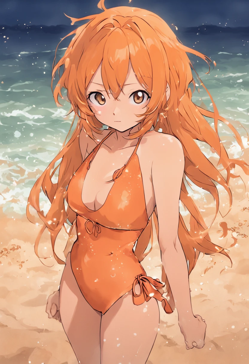 Nami in One Piece,in a bikini,beach sand background,Simple art style,Less highlights