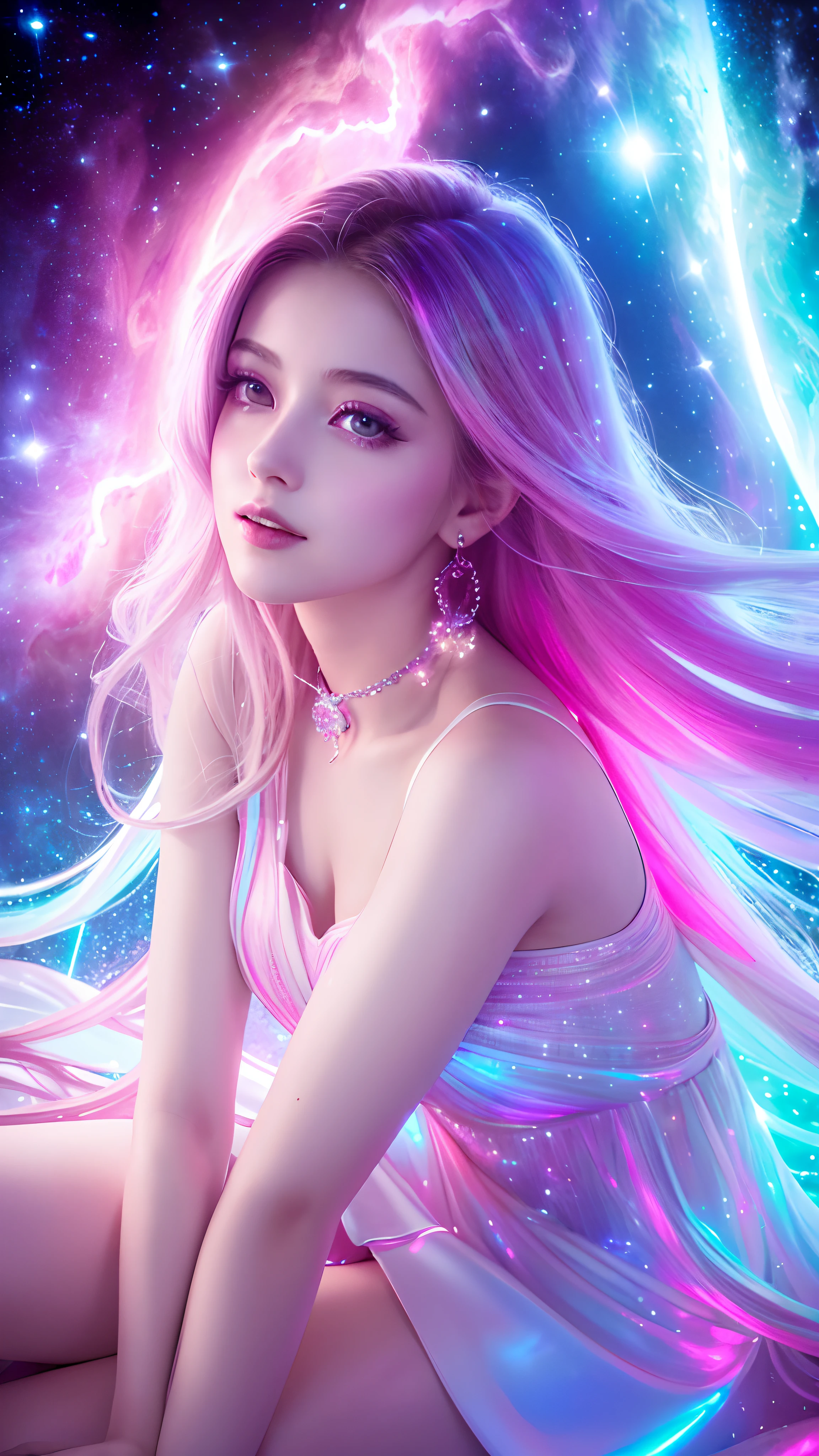 Best Quality, Masterpiece, High Resolution, 1girl, Tindal Effect, Realism, Shadow Studio, Edge Lighting, Two-Color Lighting, (High Detail Skin: 1.2), 8k UHD, DSLR, Soft Light, High Quality, Volume Lighting, Photo, High Resolution 4K, 8K, Rainbow Gradient Hair, Colored Hair, Bright Colors, Bright Tones, Highly Saturated, Floral Dress, Full Body, Pure White Background