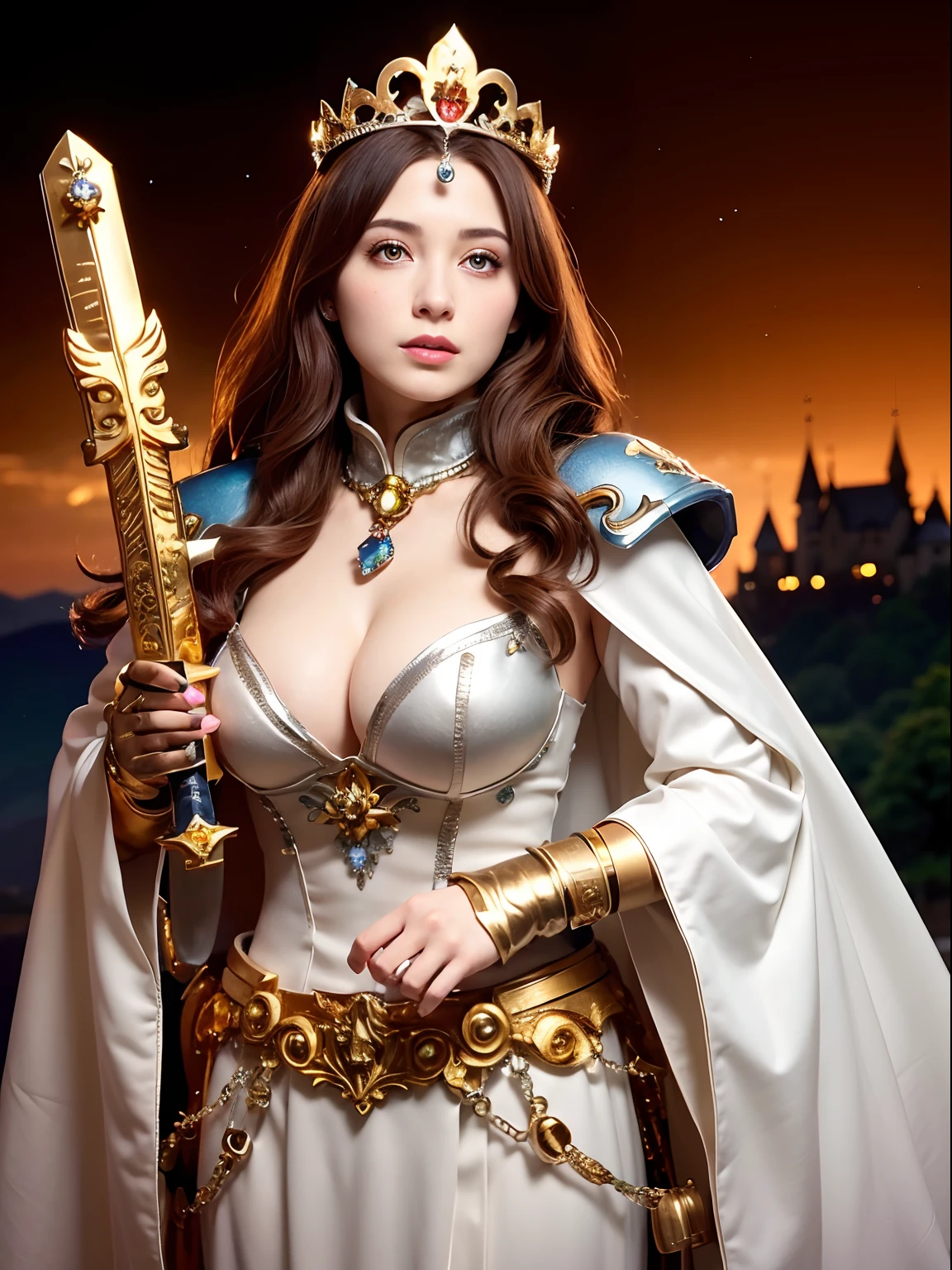 Professional , masterpiece、top-quality、photos realistic , depth of fields (Gemstone Silver Metal Body:1.9),(Matte Silver、Jewel Gold Weapon、(Gorgeous castle background)、(Jewel Metal Body:1.4),(Gorgeous Jewel Metal Weapons) , (Hold the detailed sword of the hero) ,(,close-up,dream magical,tornado ) ,warhammer 40k , adepta sororitas,Detail and ornate jewel crown、Brown hair、(Gangle's forest background)、1a person、dynamic ungle,(((Diamond tiara with detail and luxury)))、a small face、A smile、Powerful poses、(Gorgeous castle background)、huge filesize、20 year old beautiful woman、Stand in the center of the screen、Thin female fingers、Straight long hair、Beautiful Caucasian beauty、Mystical expression、Lightly open your mouth、,Luminescent particles,light scattering,Tindall Effect、cleavage of the breast、