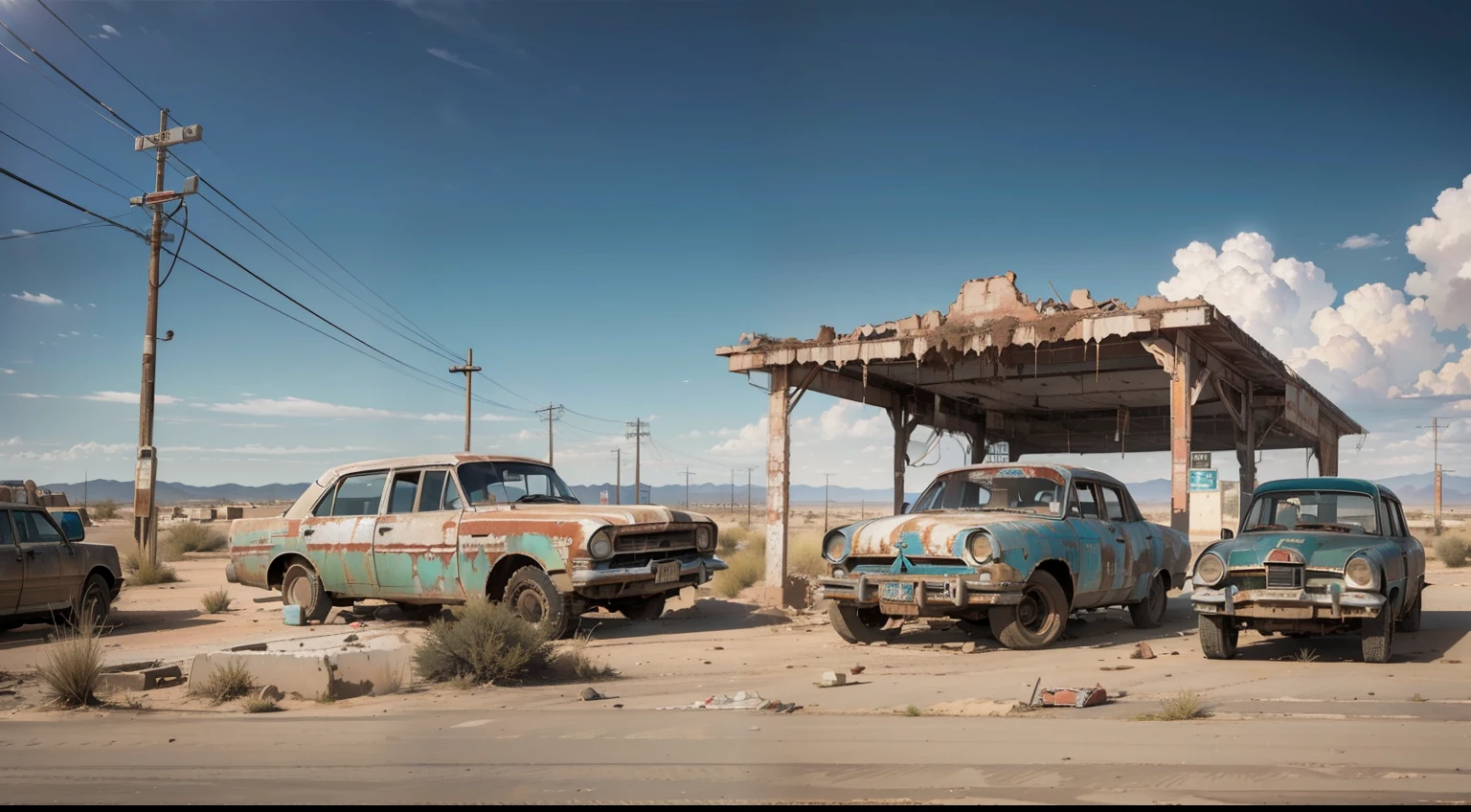 Desert abandoned city with weathering buildings, convenience stores, traffic lights and abandoned cars、Photorealsitic、Masterpiece、realisitic, abandone ship, gas fuel