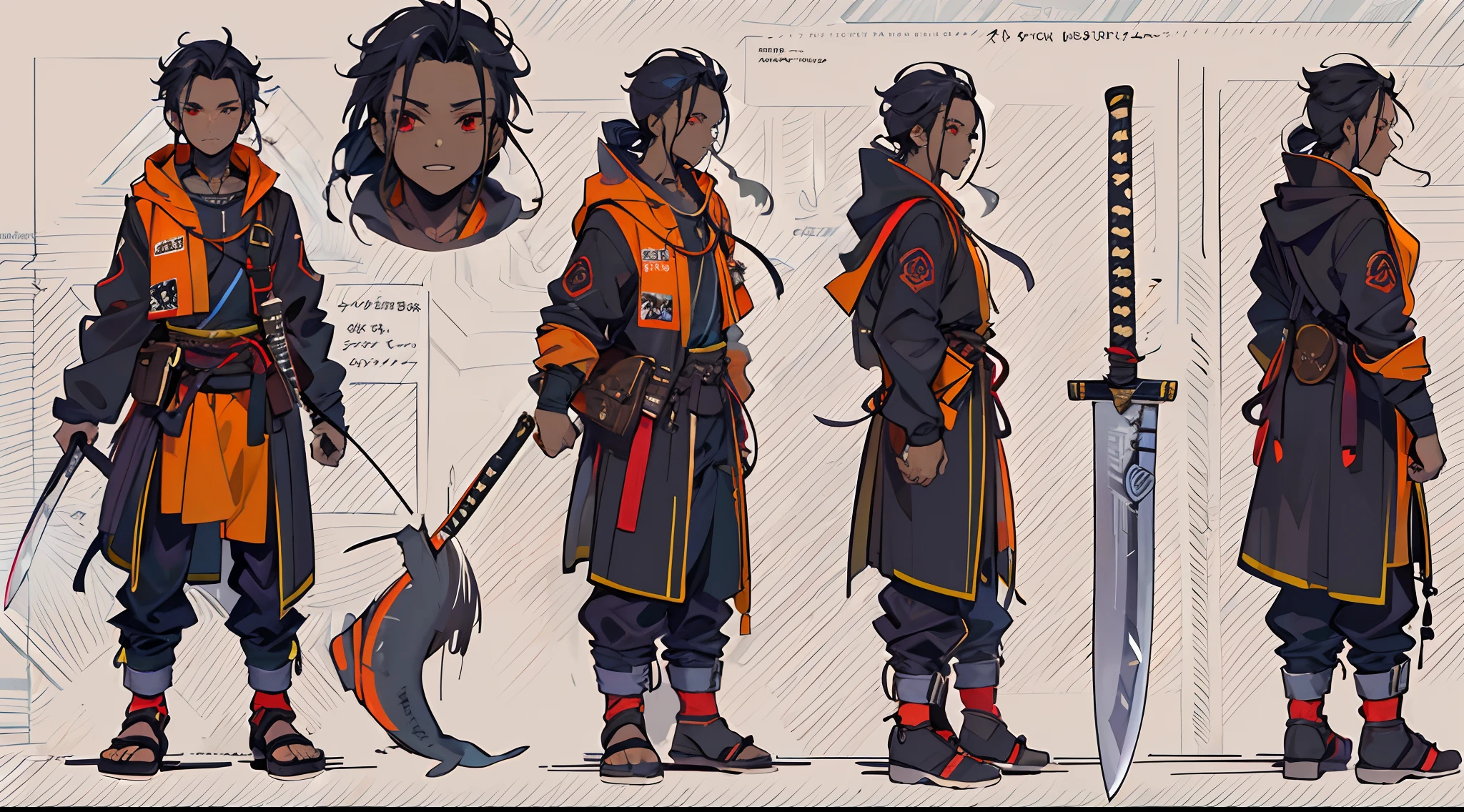 1man, reference sheet, (fantasy anime character design, front angles, back angles) swordsman 1. Handsome-looking individual dressed in urban clothing like a black hoodie, black jeans, loosely fitted, and suited for both sword play and casual wear. Outfit is a combination of modern urban wear and traditional samurai gear. African American man in his early twenties, long red braids, big red eyes filled with confidence, wide sneaky grin with shark teeth after winning a fight unscathed. Carries around a pitch black katana and book bag. Lean build suggesting agility and swiftness in movements. (masterpiece:1.2), (best quality:1.3).