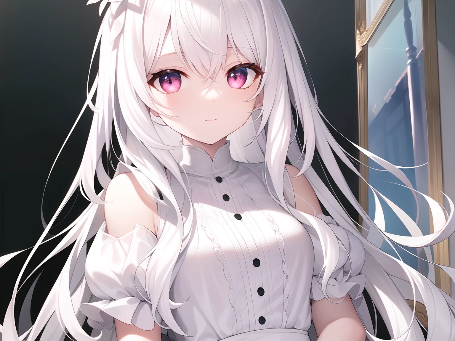 ((Masterpiece, Best quality))++, Detailed light+, Detail hair+, detail hand+ ,1girll, woman, Long hair, Crimson eyes, Beautiful eyes, Young gray hair,,(Beautiful white hair:1.5),(Beautiful detailed eyes), high resolution+, blacksilk , a black skirt, Glass tones, Reflective eyes, {{Angle}} , extremelydetailedwallpaper, Original, ,