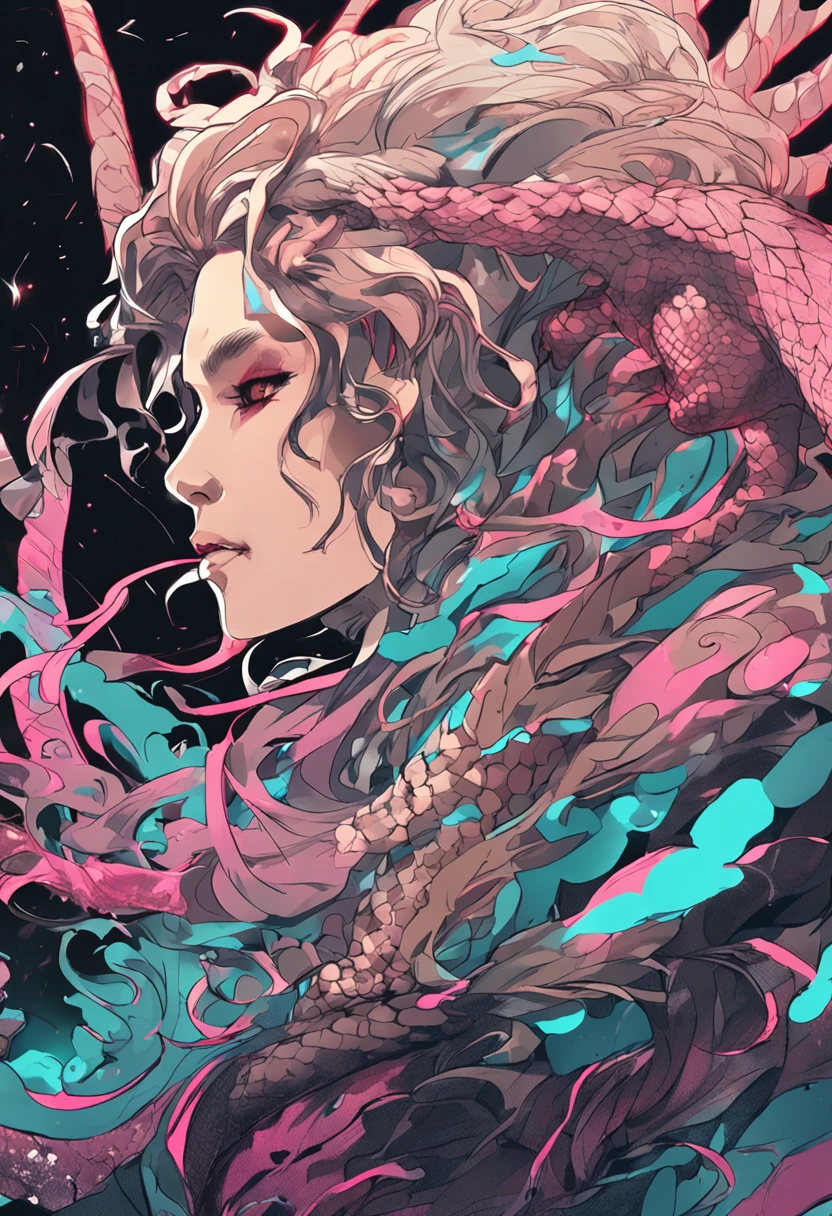 dream colors,tmasterpiece,the detail,film effect,((Rich in color)),mito,An evil creature, Snake body,Sheep horns,A monkey head,Shiny hair,manticore,Rush to the audience,Line,