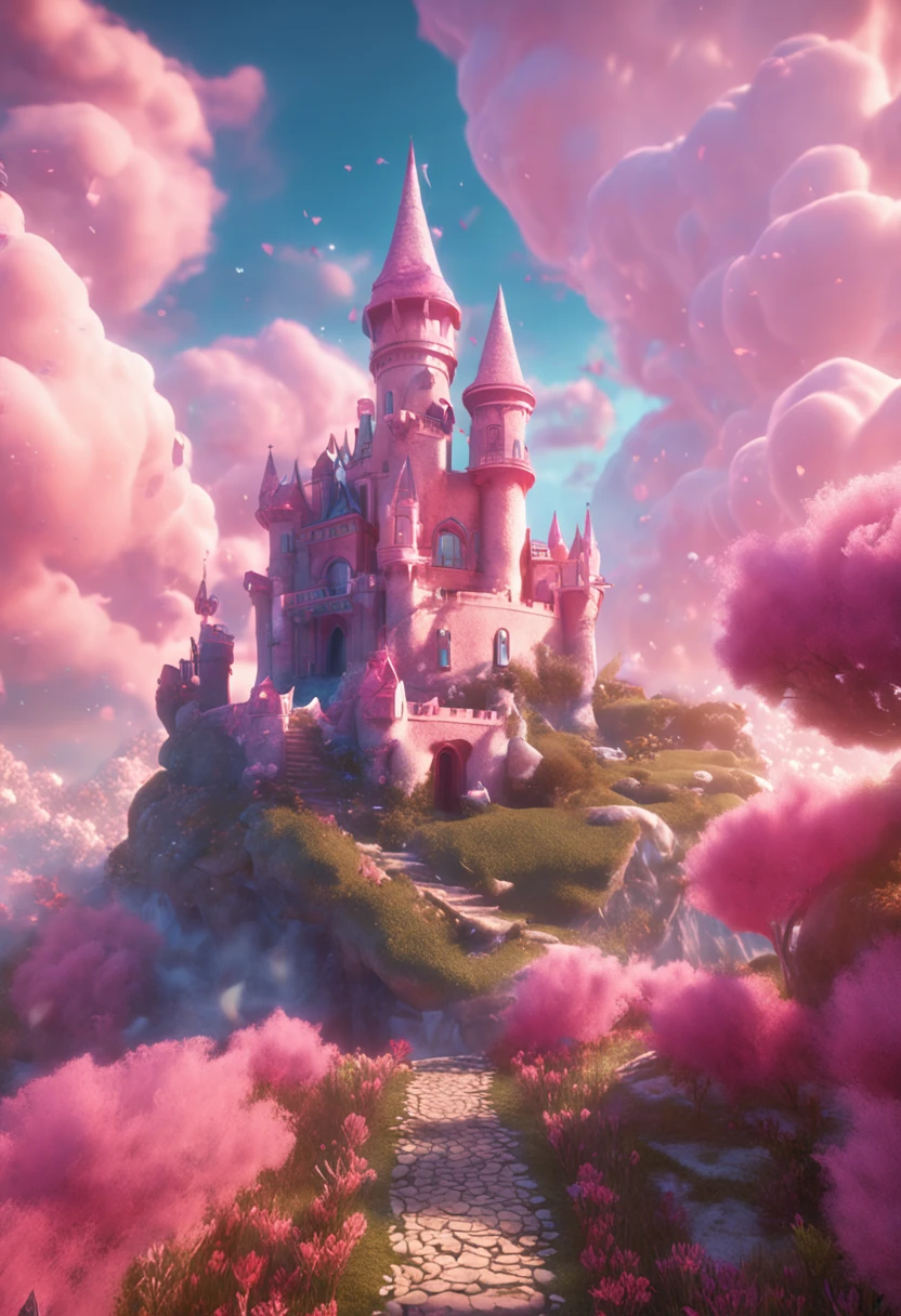 a discodifland with swirling clouds and flowers, (sky rose fantasy castle), (red roses), (ridiculous), dreamy, disney, painted by Thomas Kincaid, artstation, sharp focus, inspiring 8k wallpaper,