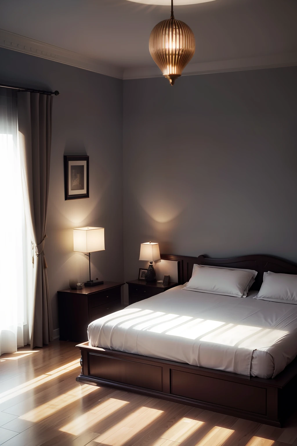 ads,home,The bed is the main body,inside in room,There are desk lamps,The light is gentle,Cinematic light and shadow,3D,Italian light luxury style
