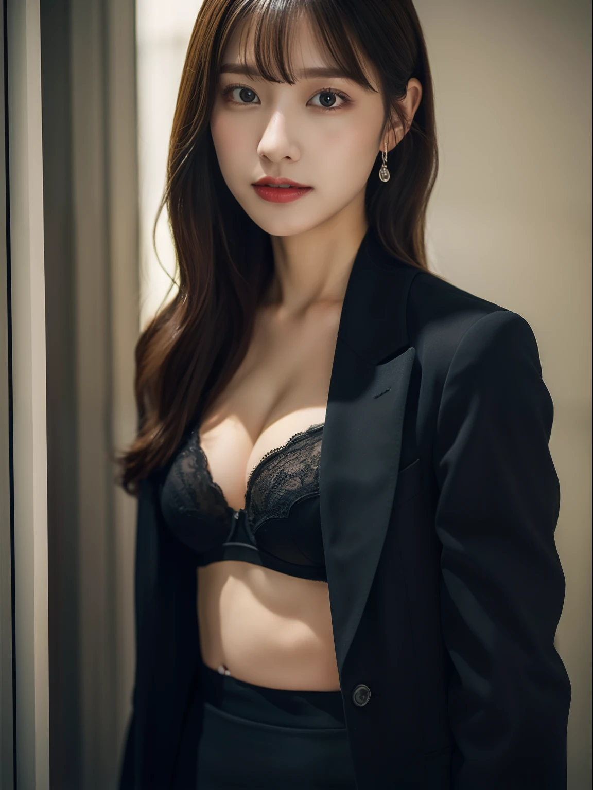 (top-quality、​masterpiece、Official art、hight resolution:1.2)、the Extremely Detailed CG Unity 8K Wallpapers、photos realistic、Erect nipples、ultra-detailliert、(one girls:1.2)、Woman, (High Detail Skins:1.2)、Secretary、Formal, , In a black suit,　Black jacket, (White Y-shirt with wide open chest), Black Pencil Skirt,（ Black stockings), (squate glsses),What to Wear for a Job Interview。Red BRA。