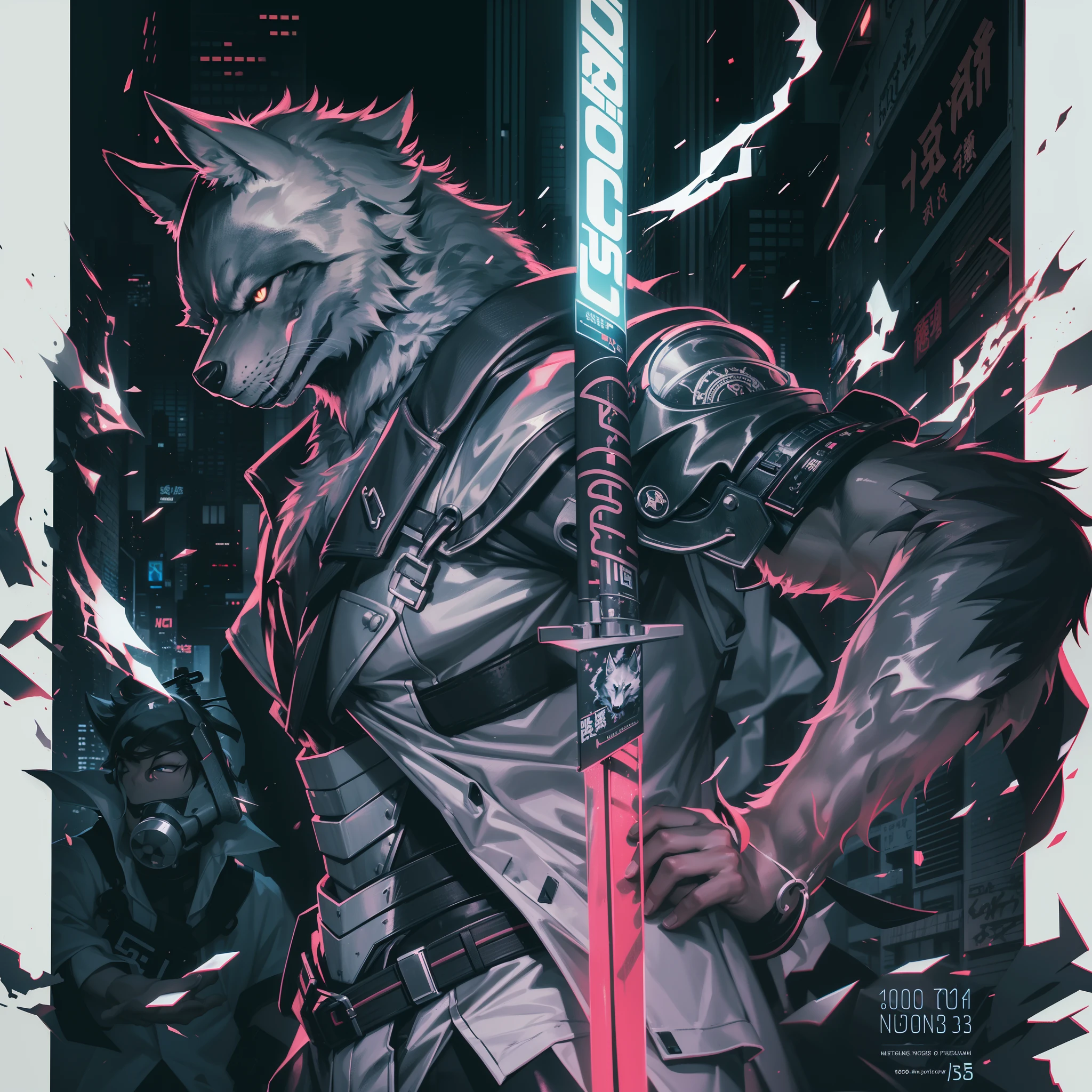 A muscular wolf samurai from a cyberpunk film stands poised, drawing a hyper-realistic Japanese sword from his waist. He dons pristine white armor, reflecting the neon lights of the city. The aura of killing intent radiates from his back, casting an ominous shadow. Medium: Photo hyper-realism. Style: Cyberpunk meets traditional Japanese art. Lighting: Neon lights with a sharp contrast against the dark backdrop. Colors: Dominant black with hints of neon and metallic white. Composition: Shot with a Canon EOS 5D Mark IV DSLR camera, EF 50mm f/1.8 STM lens, Resolution 30.4 megapixels, ISO sensitivity: 32,000, Shutter speed 1/125 second, facing the camera, high-sharpness, depth-of-field, ultra-detailed photography --ar 16:9 --v 5.1 --style raw --q 2 --s 750.