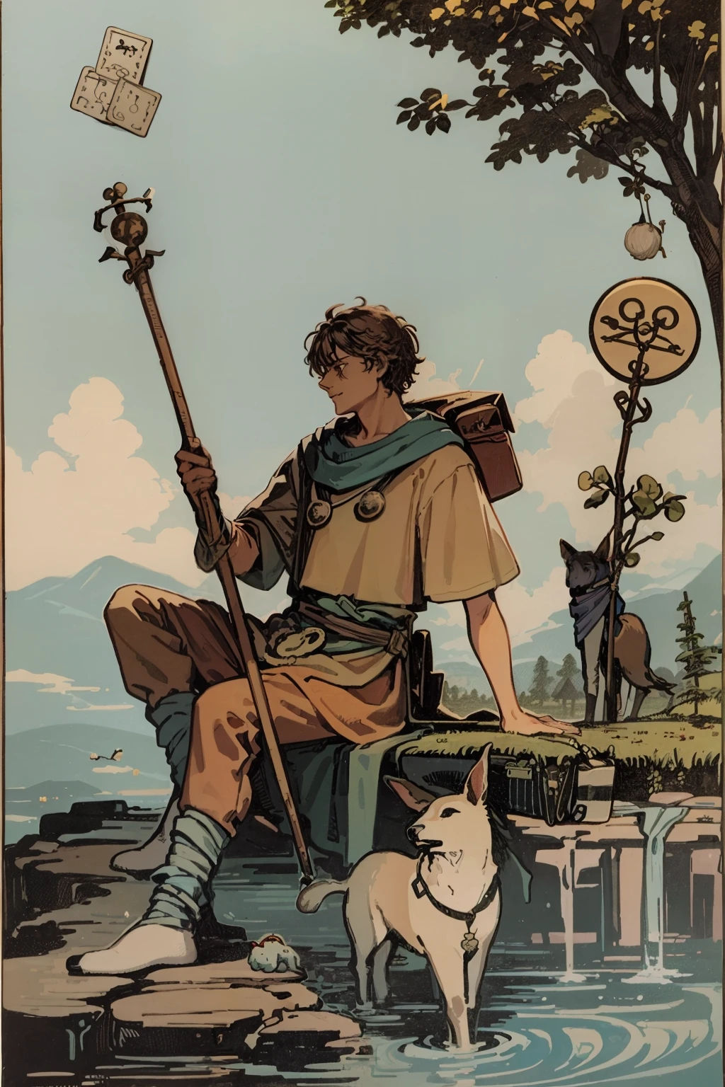 tarot card, the fool, man, bindle, stick and bag, cliff, dog