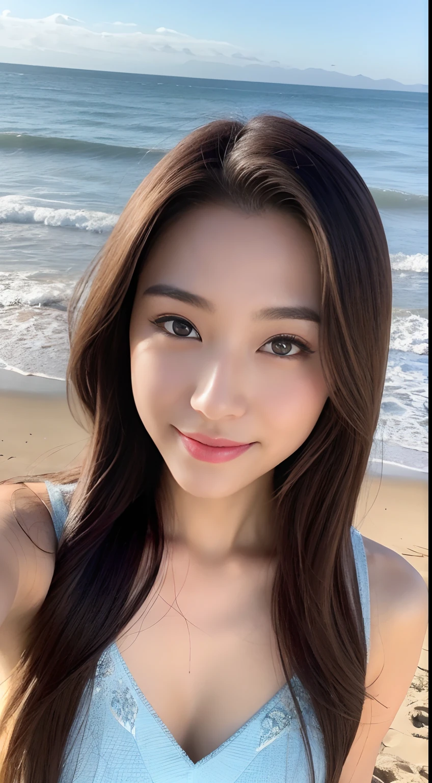 ((best qualtiy,8K,tmasterpiece:1.3)), 1girll, ssmile, full bodyesbian, Slim Faces, Beautiful woman, (dark brown hair), full length dress :1.1, Super detailed face, Detailed eyes, 二重まぶた, Slim Faces、randome pose、beachside、Holiday,On the beach,Standing full body photo