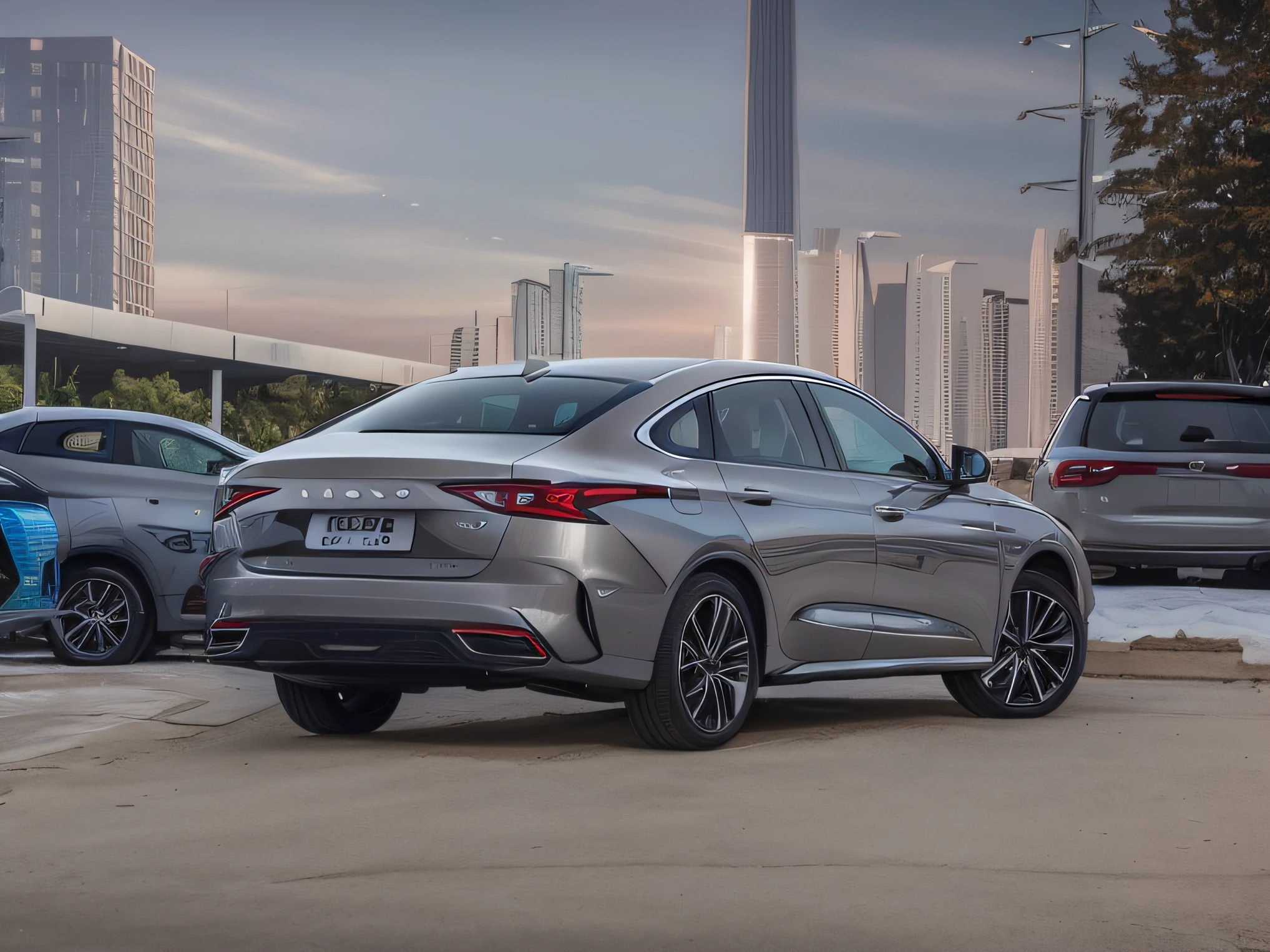 Alafeld cars are parked in the parking lot,There are other cars in the background, XF IQ4, XF IQ 4, haval f 7, the photo shows a large, front side full, F 2. 0, 480p, 4 8 0 p, C 12.0, high-quality picture, with a sleek spoiler