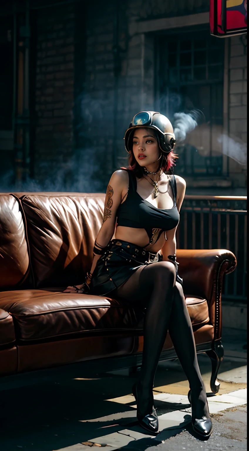 There's a sexzy indian 1woman with a steam-powered dusky skin, with big boobs,Royal look,helmet, arte conceitual street punk, sexzy full body view top to bottom, sitting in silky Wingback sofa,fog background,arte street punk digital, arte street punk urban city area, Wojtek FUS, arte digital steampunk, detailed wild steampunk illustration, Portrait of a gold and copper chained woman, arte street punk, estilo de arte dieselpunk, cyberpunk street punk, estilo de fantasia street punk, Arte digital altamente detalhada em 4k, sci-fi street punk