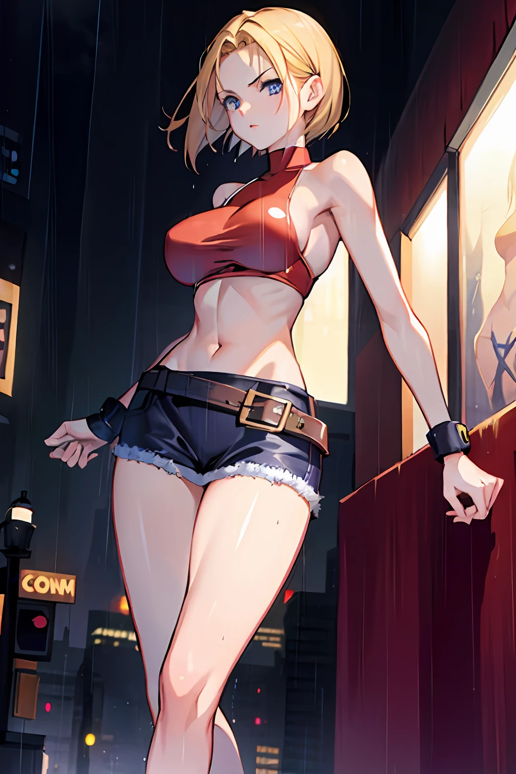 maryms,Best Quality,(beauty),masterpiece, 1girl,phisically-based render ,ultra highres,narrow waist, skinny,mini skirt,long legs,(large breasts), bedroom eyes, night,(rainy city), shiny skin, facing viewer, fighting stance, (make a fist),firm expression,