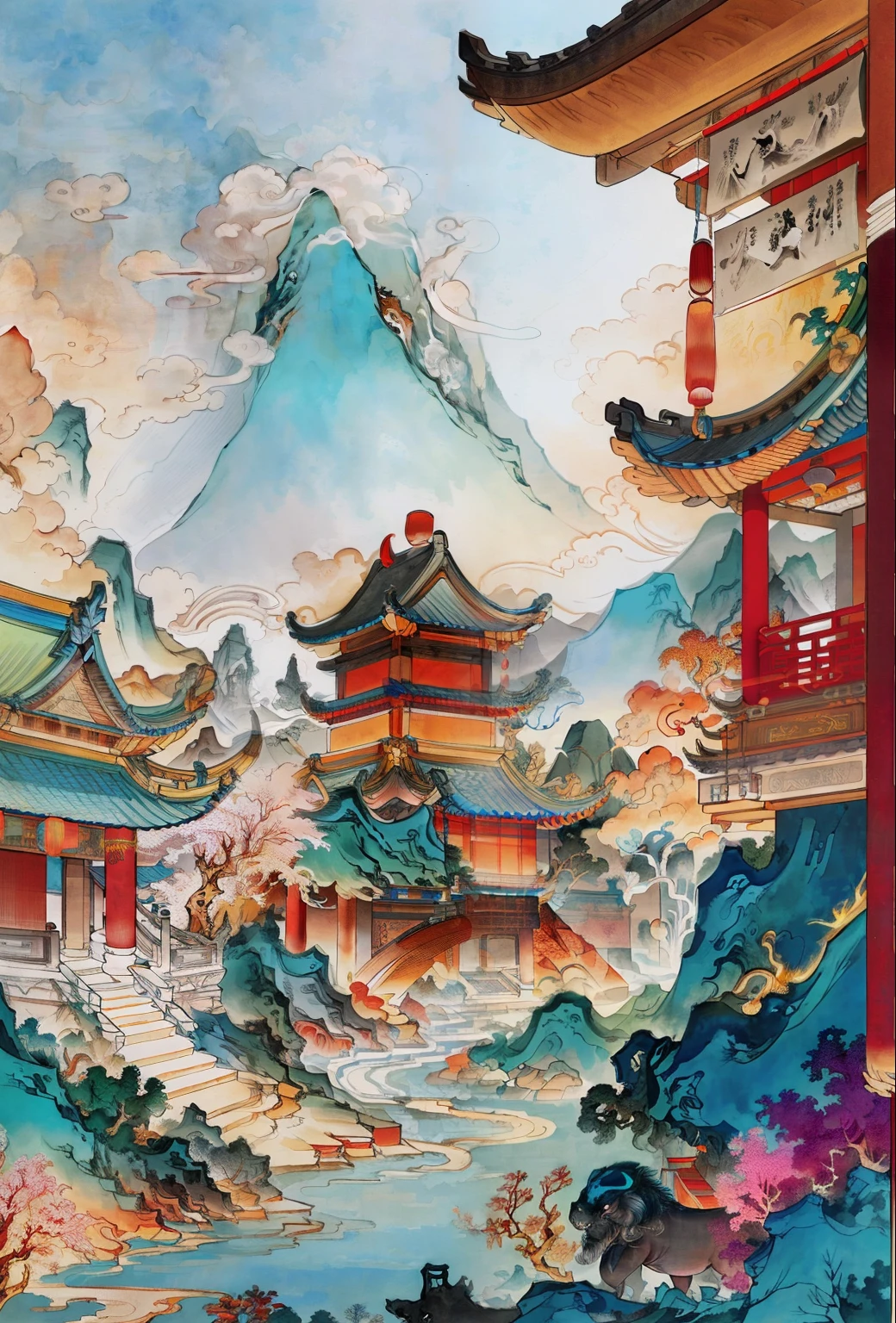 Ancient Chinese landscapes, ancient buildings, pavilions, carved beams and painted buildings, beautiful mountains and rivers, inspired by Jin Yong martial arts, sunlight, ink painting style, clean colors, decisive cutting, blank space, freehand, masterpiece, super detailed, epic composition, high quality , highest quality, pixar style, oversaturated, surreal, artgerm --v 6