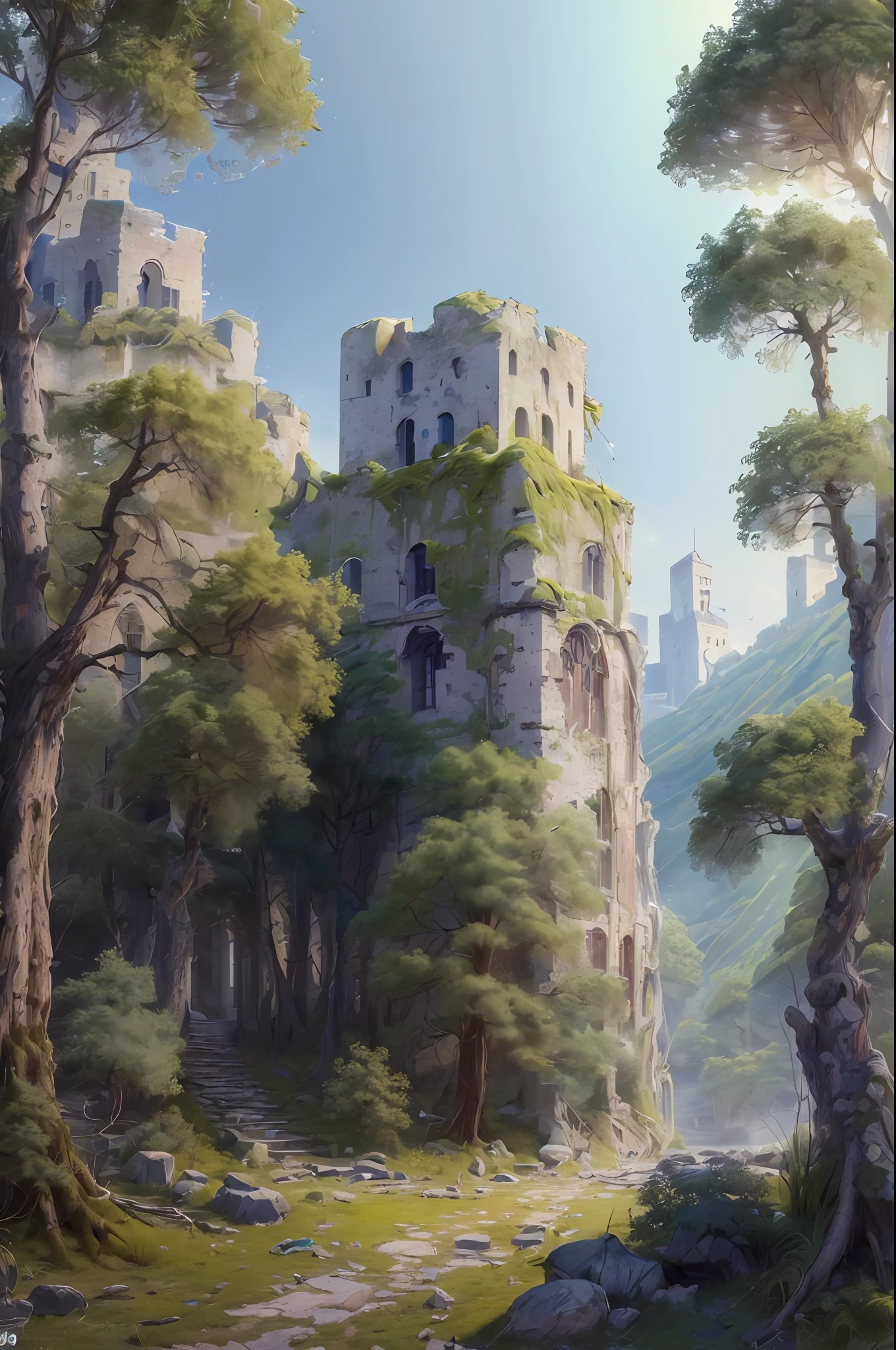 (((8K, RAW photo, Best quality, Masterpiece:1.4))), 超高分辨率, Ultra-detailed, illustration, Close-up, Astonot, Environment only,  Castle ruins made of stone, future, imagining, Outdoors, background only，the woods