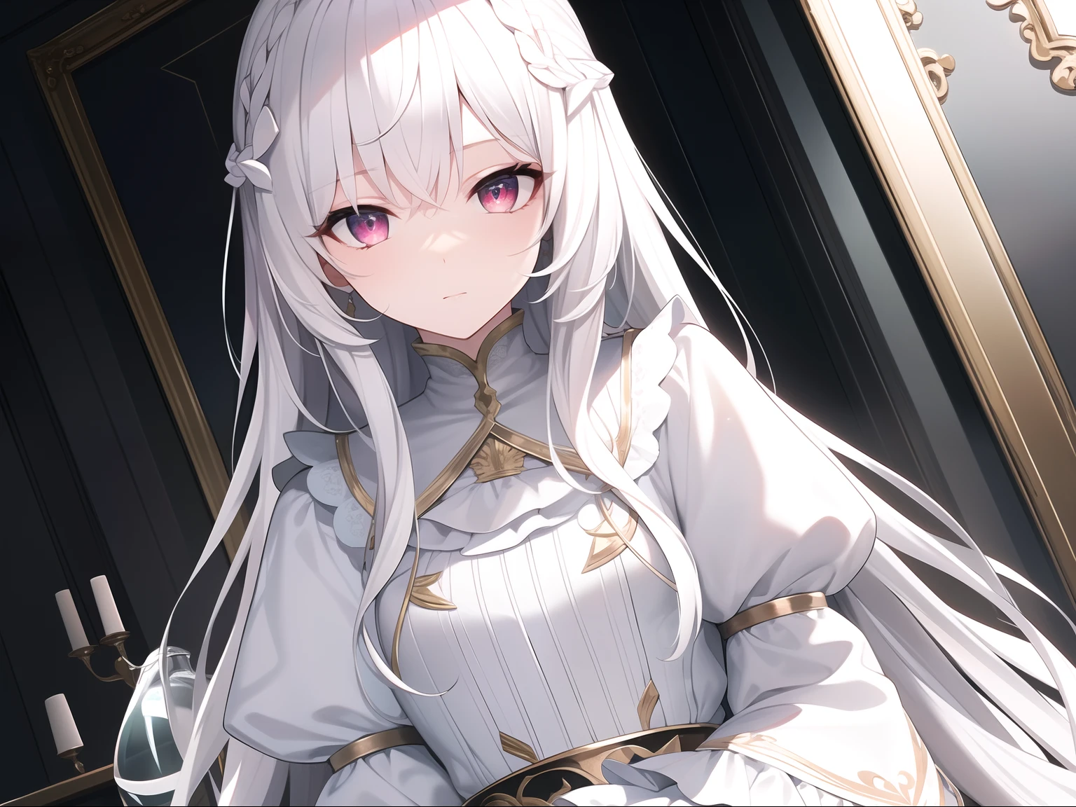 ((Masterpiece, Best quality))++, Detailed light+, Detail hair+, detail hand+ ,1girll, woman, Long hair, Crimson eyes, Beautiful eyes, Young gray hair,,(Beautiful white hair:1.5),(Beautiful detailed eyes), high resolution+, blacksilk , a black skirt, Glass tones, Reflective eyes, {{Angle}} , extremelydetailedwallpaper, Original, ,