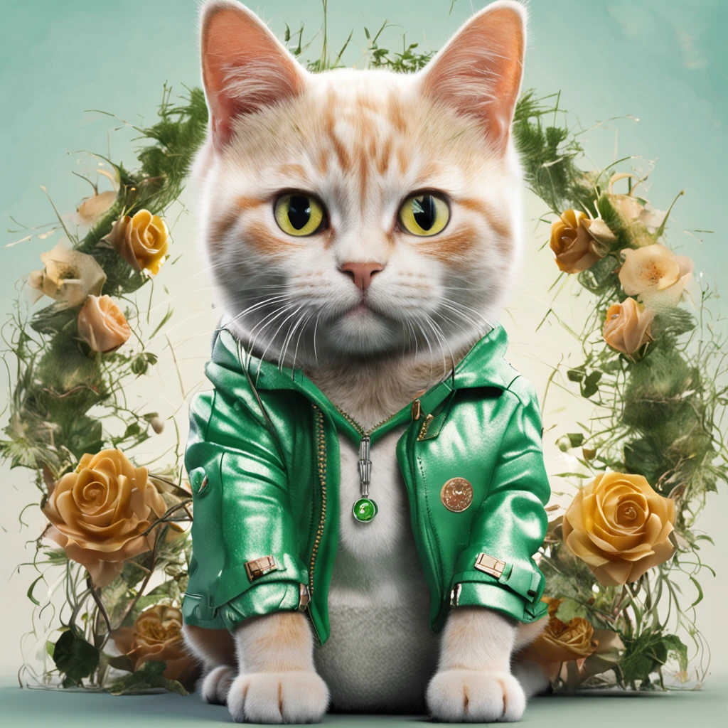 Perfect centering, Cute cat, Wearing a jacket,British short cat,Golden cat,green-eyed,Rose flower, Wearing headphones, cheerfulness, Standing position, Abstract beauty, Centered, Looking at the camera, Facing the camera, nearing perfection, Dynamic, Highly detailed, smooth, Sharp focus, 8K, high definition resolution, illustration, Art by Carne Griffiths and Wadim Kashin, White background