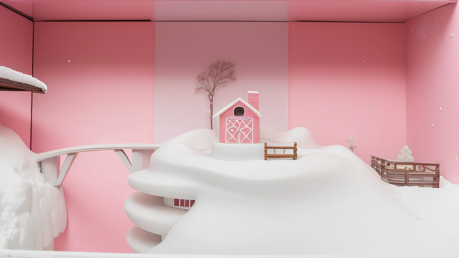 Uma maquete delicada. Foto realista de uma maquete de neve. Neve e fazenda. Celeiro rosa. Fundo com caixa rosa.