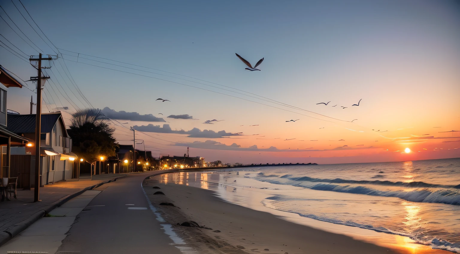 The seaside at dusk,Colorful sunset,Seagulls flying in the distance,A kitten white nearby