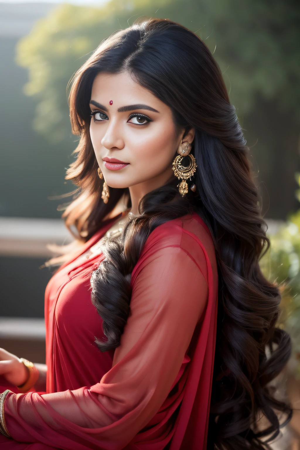 Portrait of A confident-looking Indian woman with long flowing hair, hazel eyes, with flowing capes, sitting in the park, wearing red saree, with perfect composition, hyperrealistic, super detailed, 8k, high quality, trending art, trending on artstation, sharp focus, studio photo, intricate details, highly detailed, art by greg rutkowski