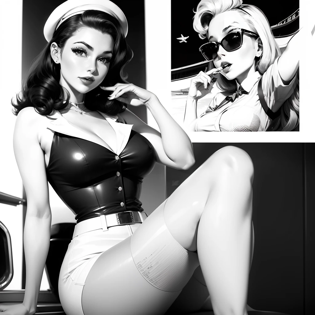 Black and white stick figure, line drawing, fine line art, Air hostess, Beautiful dream girl 1950s Pin Up with 1950s airplane