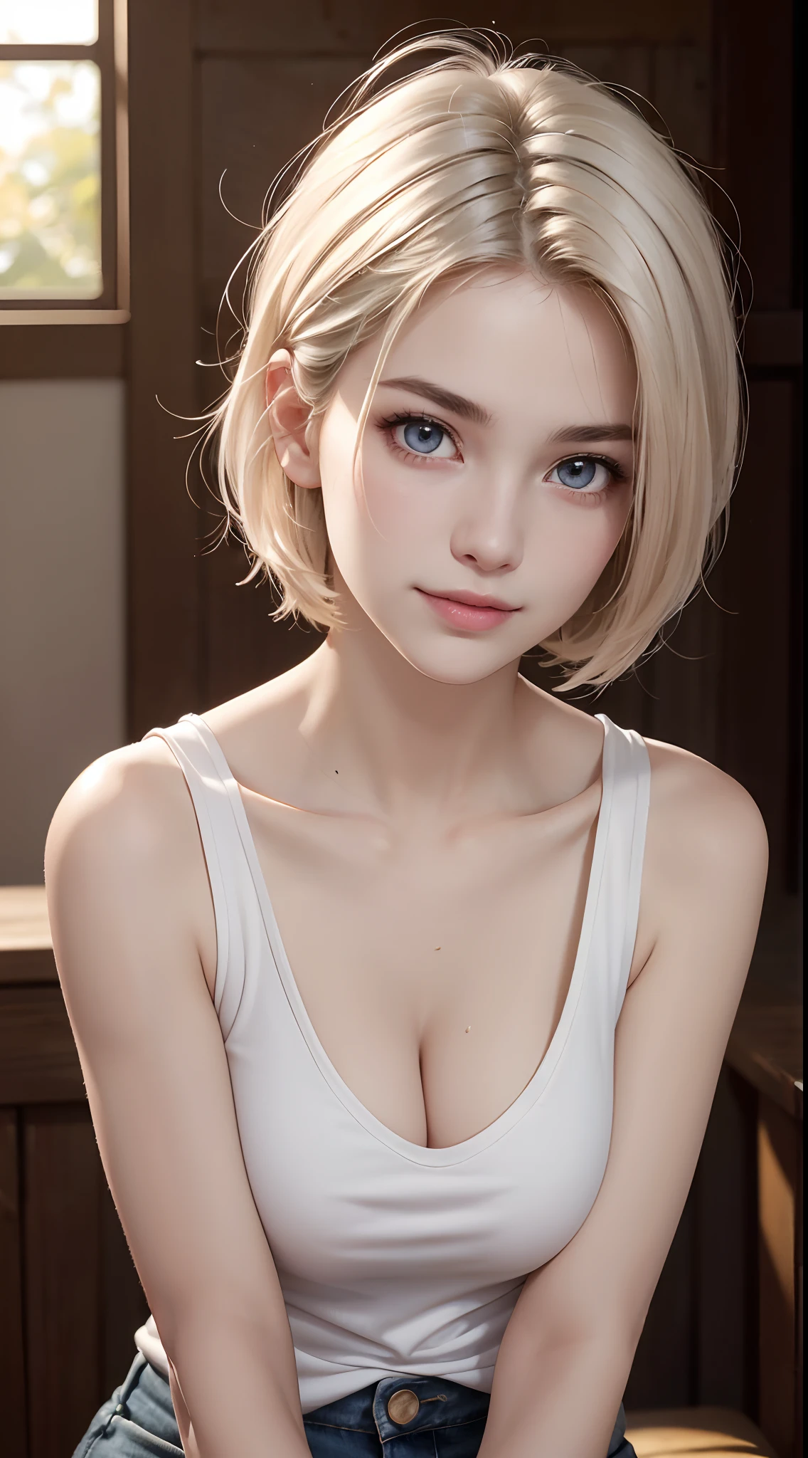 ((((masterpiece, best quality, high resolution)))), Extremely detailed 8K, Beautiful girl with slender body, (Ultra HD, Ultra-detailed, Highly detailed, Highly realistic, Ultra-realistic, photograph realistic), (1girl:1.5), (Realistic white hair), short wavy hair, bob cut, (dynamic poses), facing at camera, light smile, purple eyes, average breasts, (beautiful detailed face, beautiful detailed eyes), (white tank top, thin material), cleavage, dark jean shorts, glow, sweat, (sunbeam, sunlight)