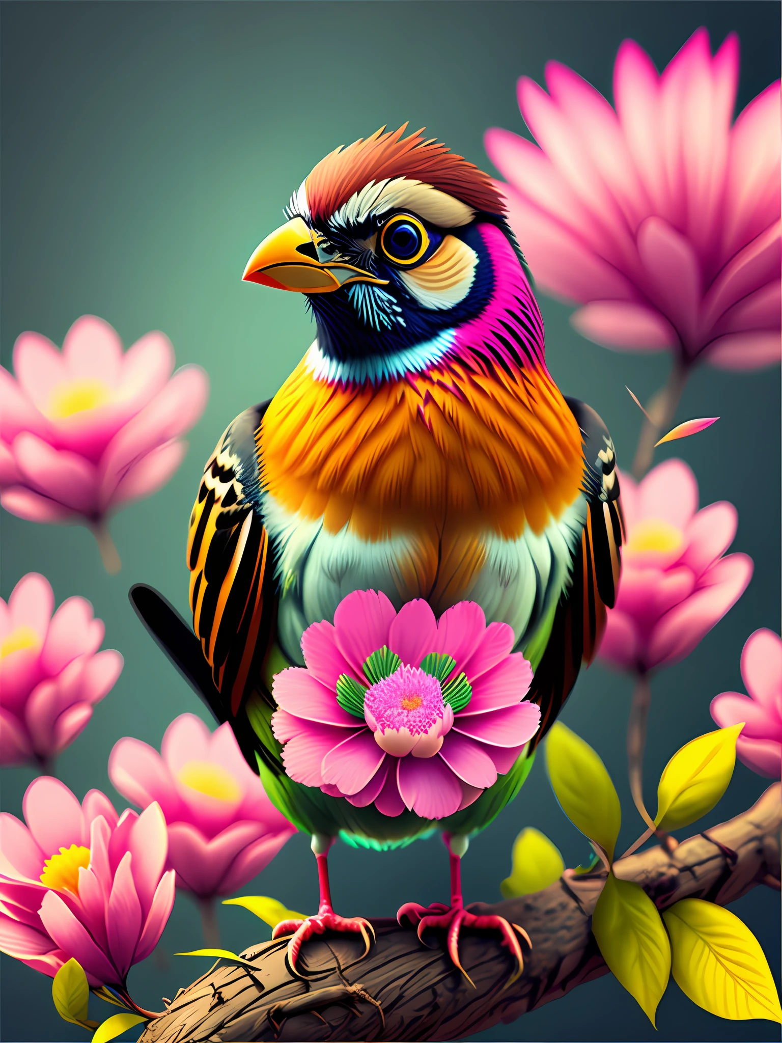 a bird sitting on a branch with pink flowers, cgi art, red-yellow colors, hyperrealistic sparrows, pinterest, photorealistic artstyle, in rich color, an ai generated image, very detailed portrait, singing for you, breathtaking render